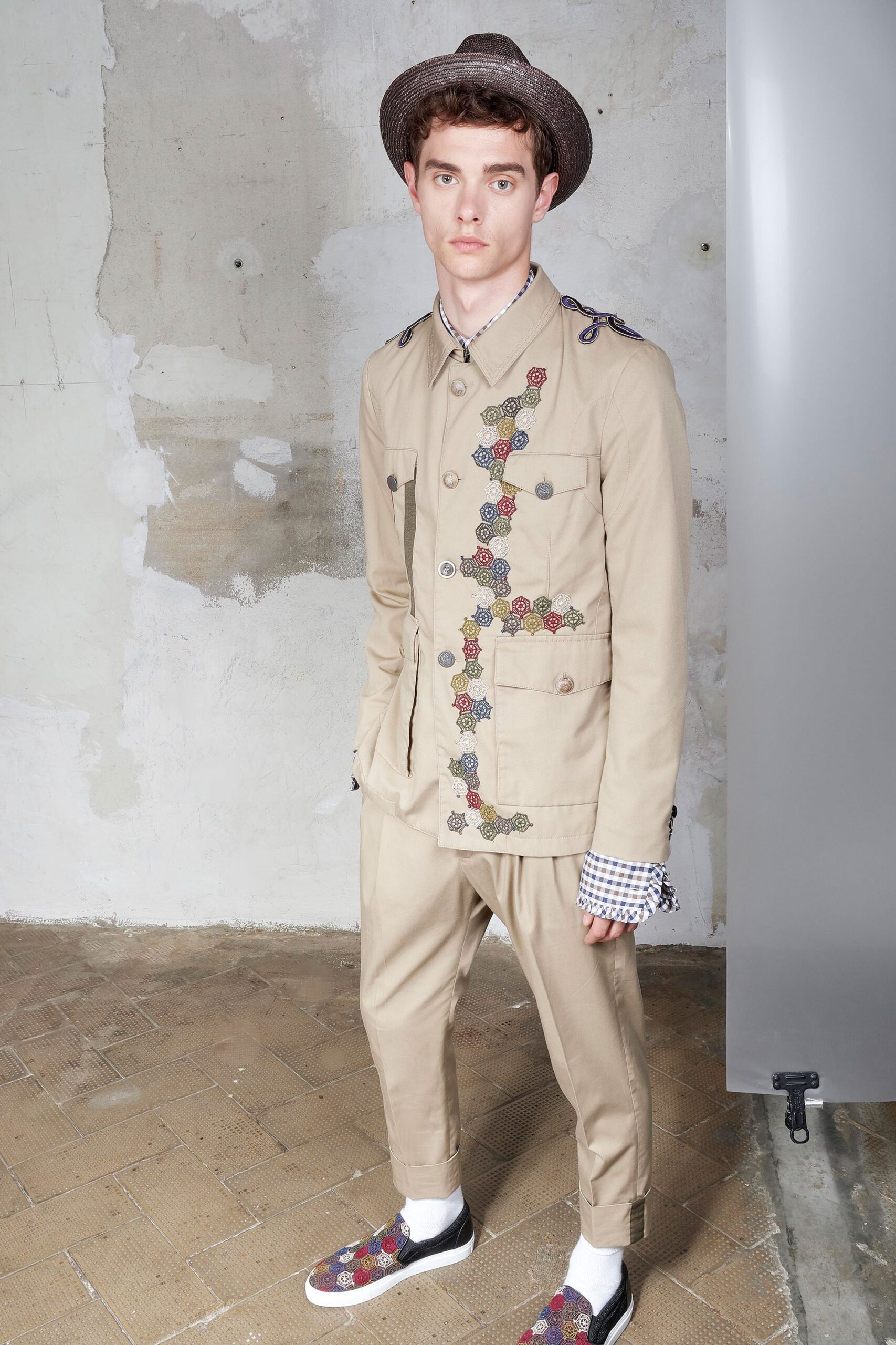 beige cotton long-sleeve collared tailored buttoned embroidered jacket