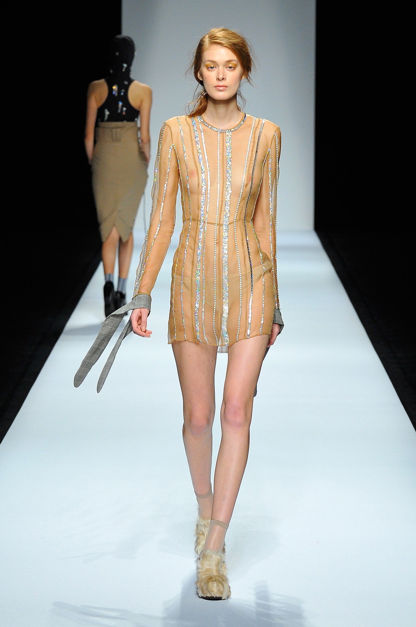 beige sequined sheer mini dress
