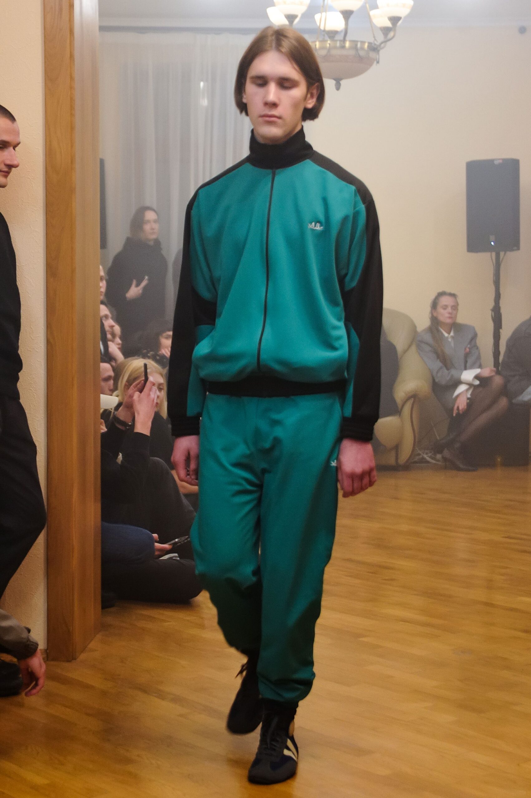 teal fitted jacket and pants