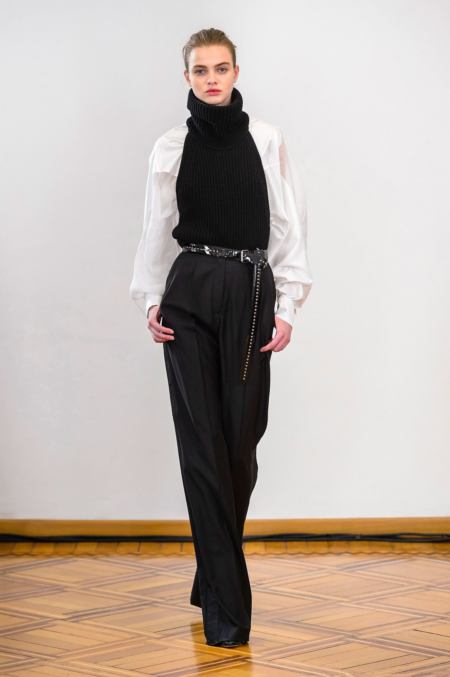 black wool turtleneck top with white shirt