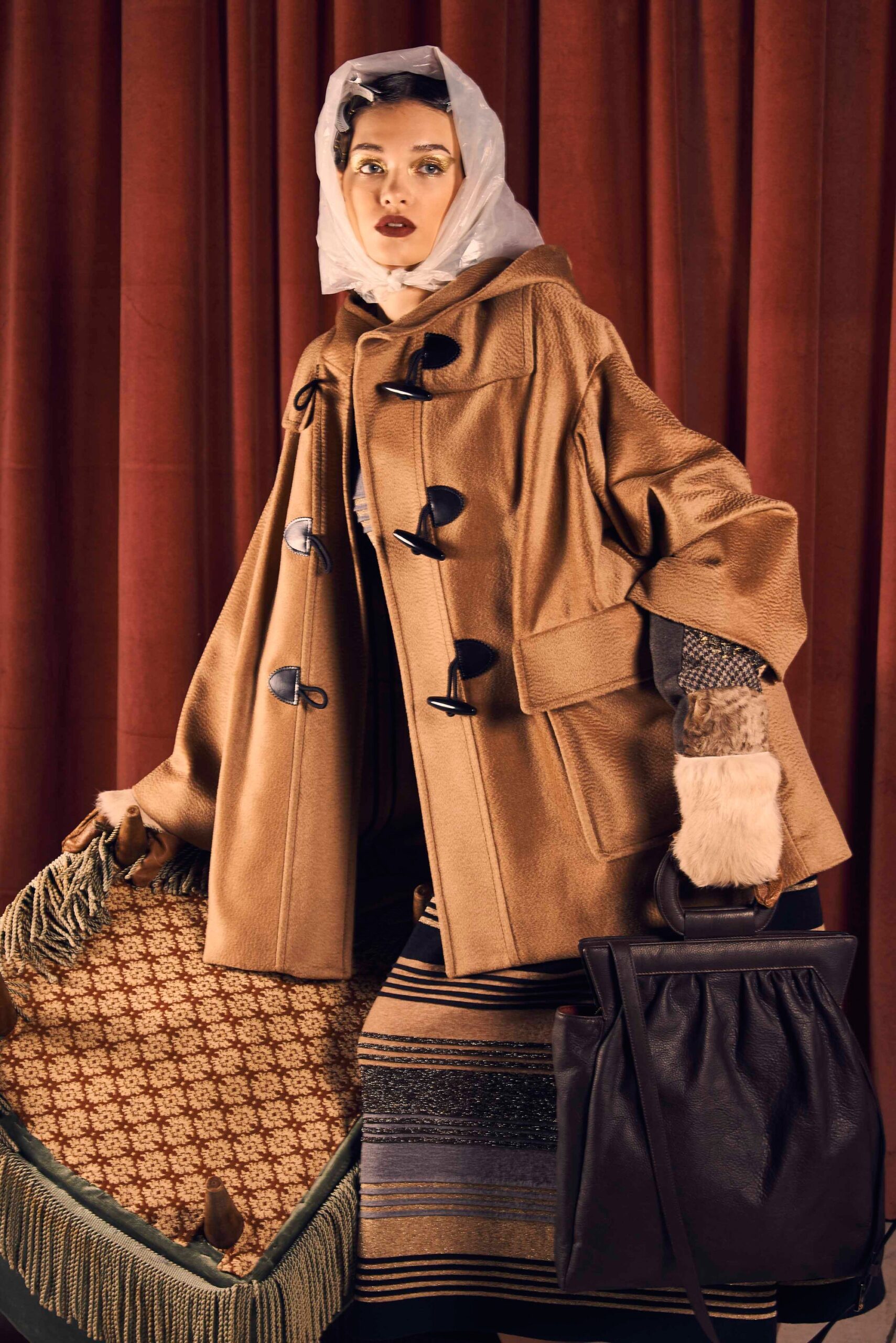brown wool coat with multi-striped skirt