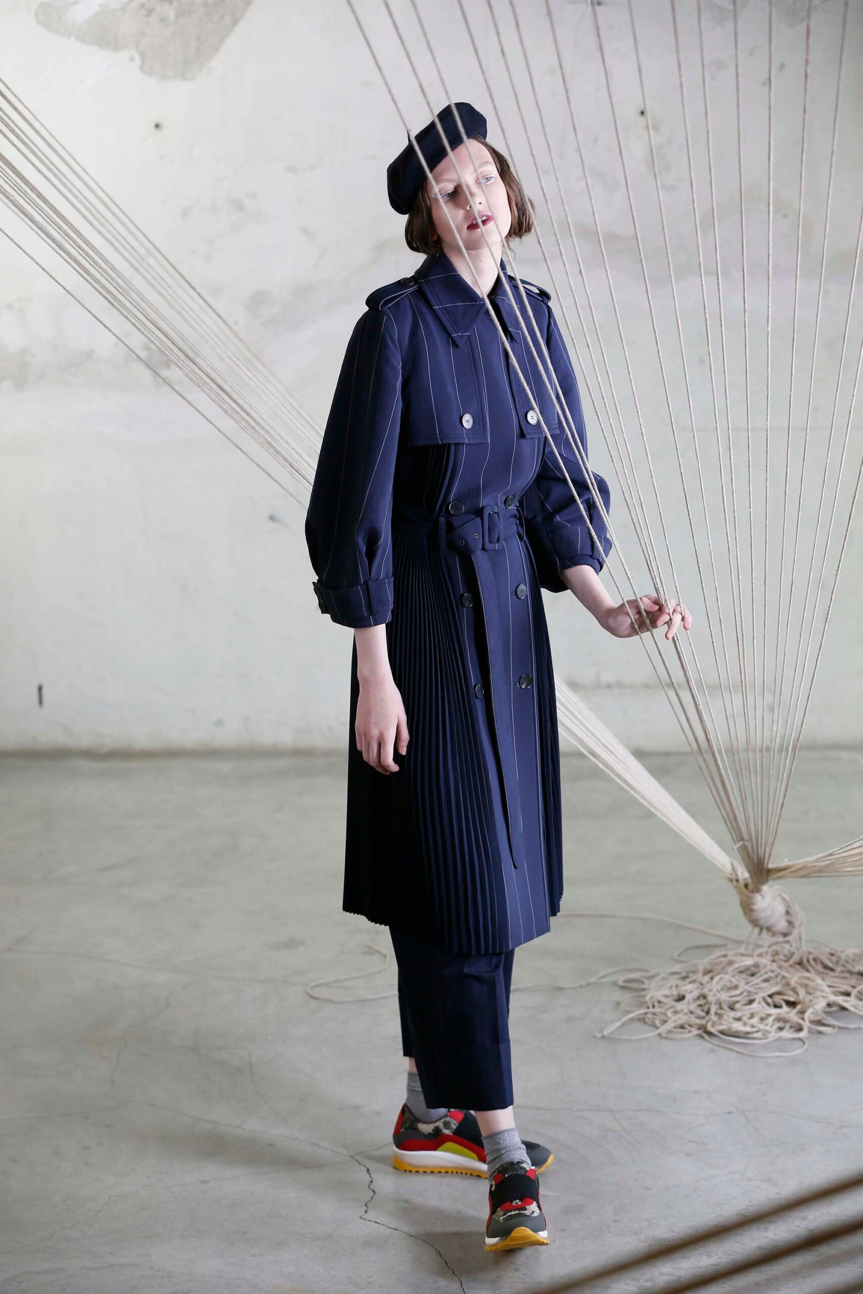 blue cotton long-sleeve collared fitted pleated belted trench