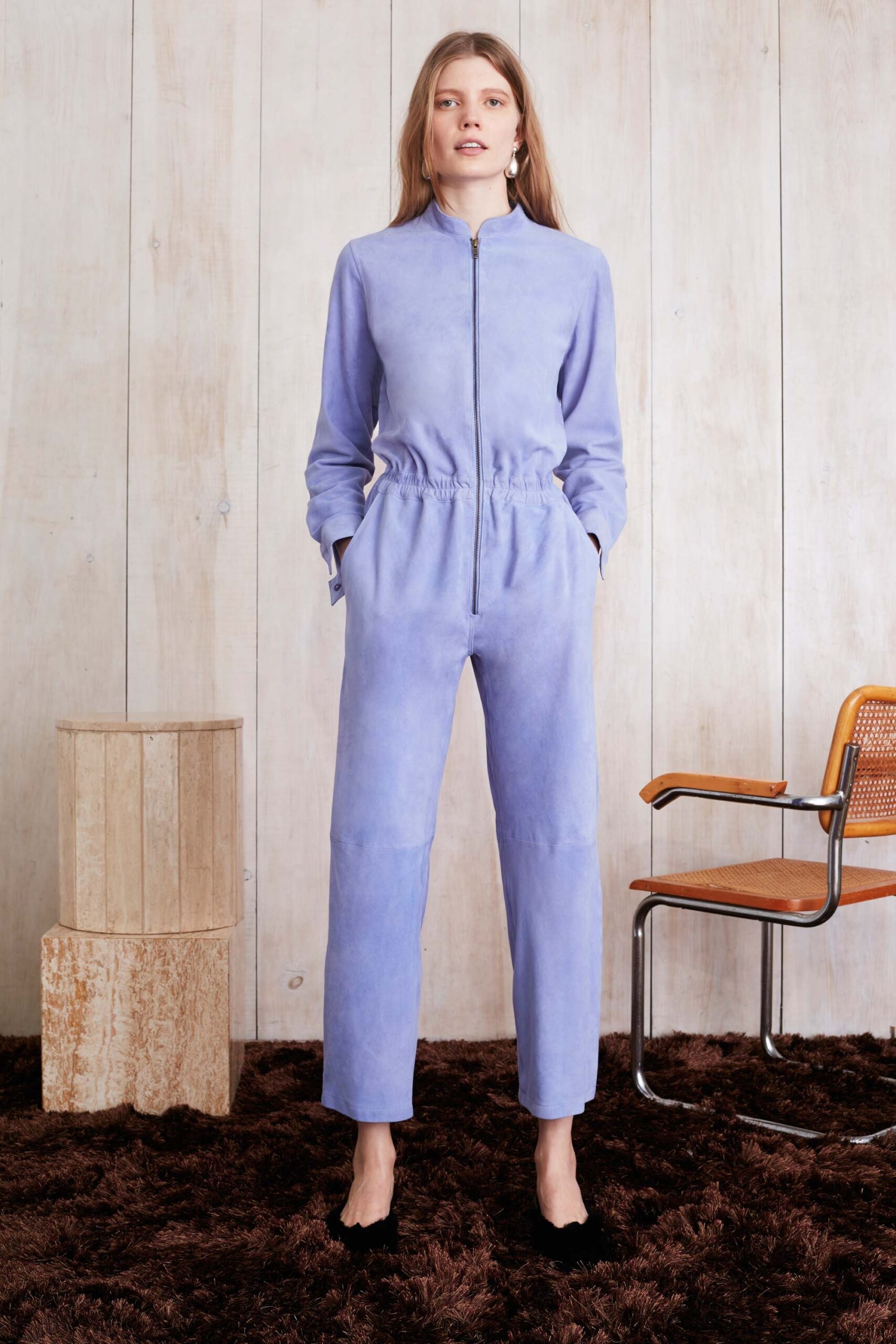 blue suede fitted jumpsuit