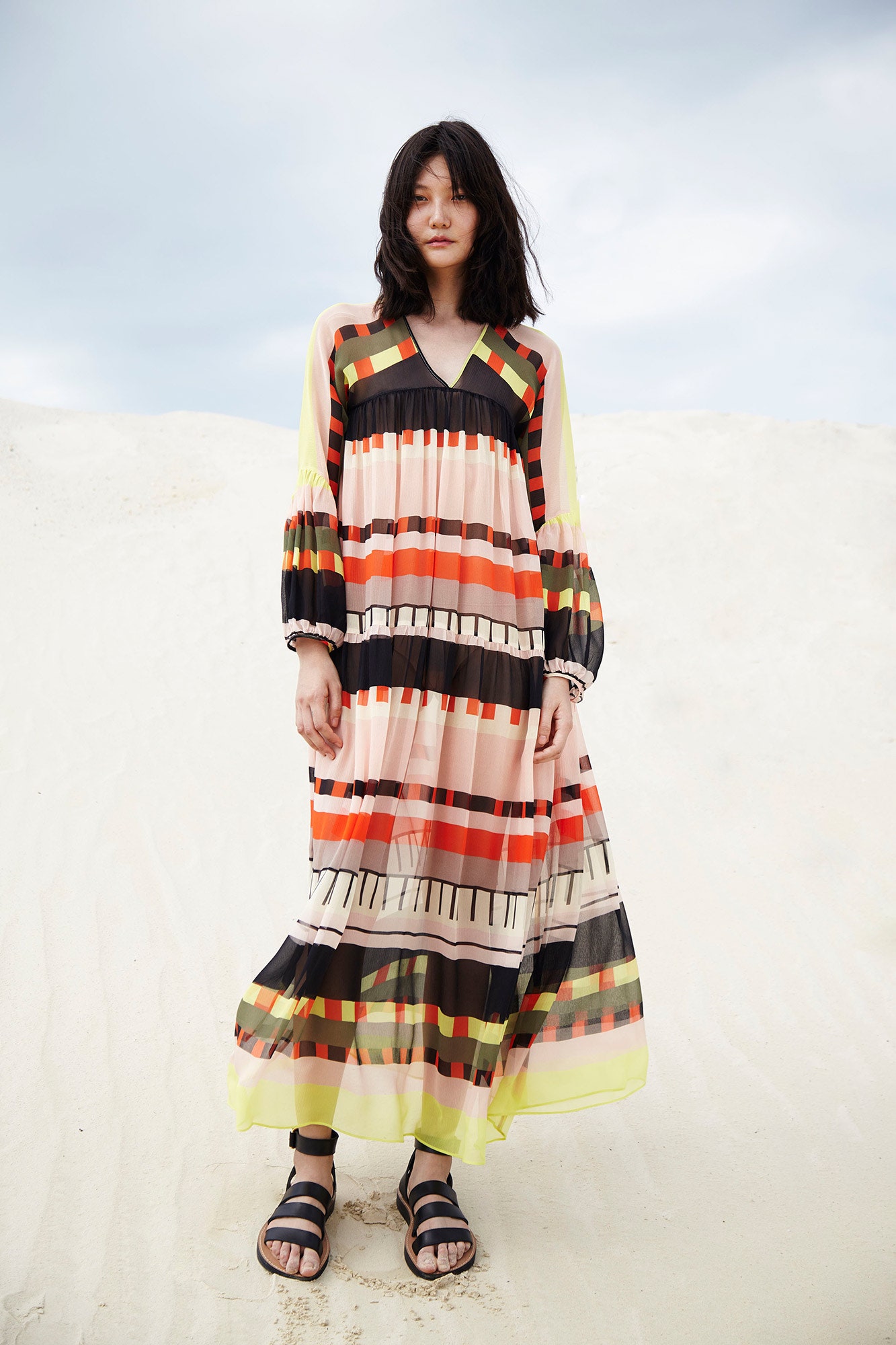 maxi dress with printed stripes