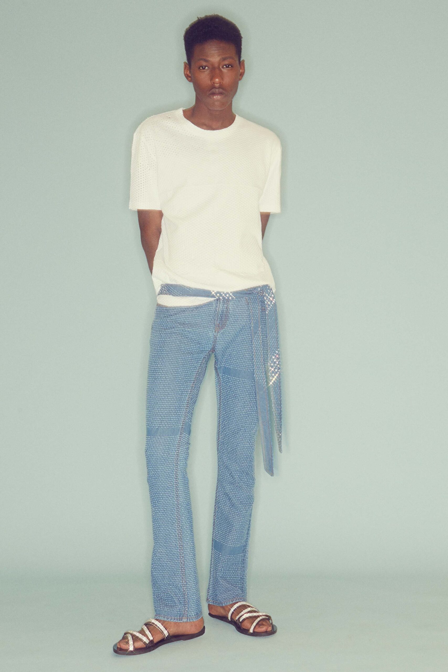 white t-shirt blue flared pants