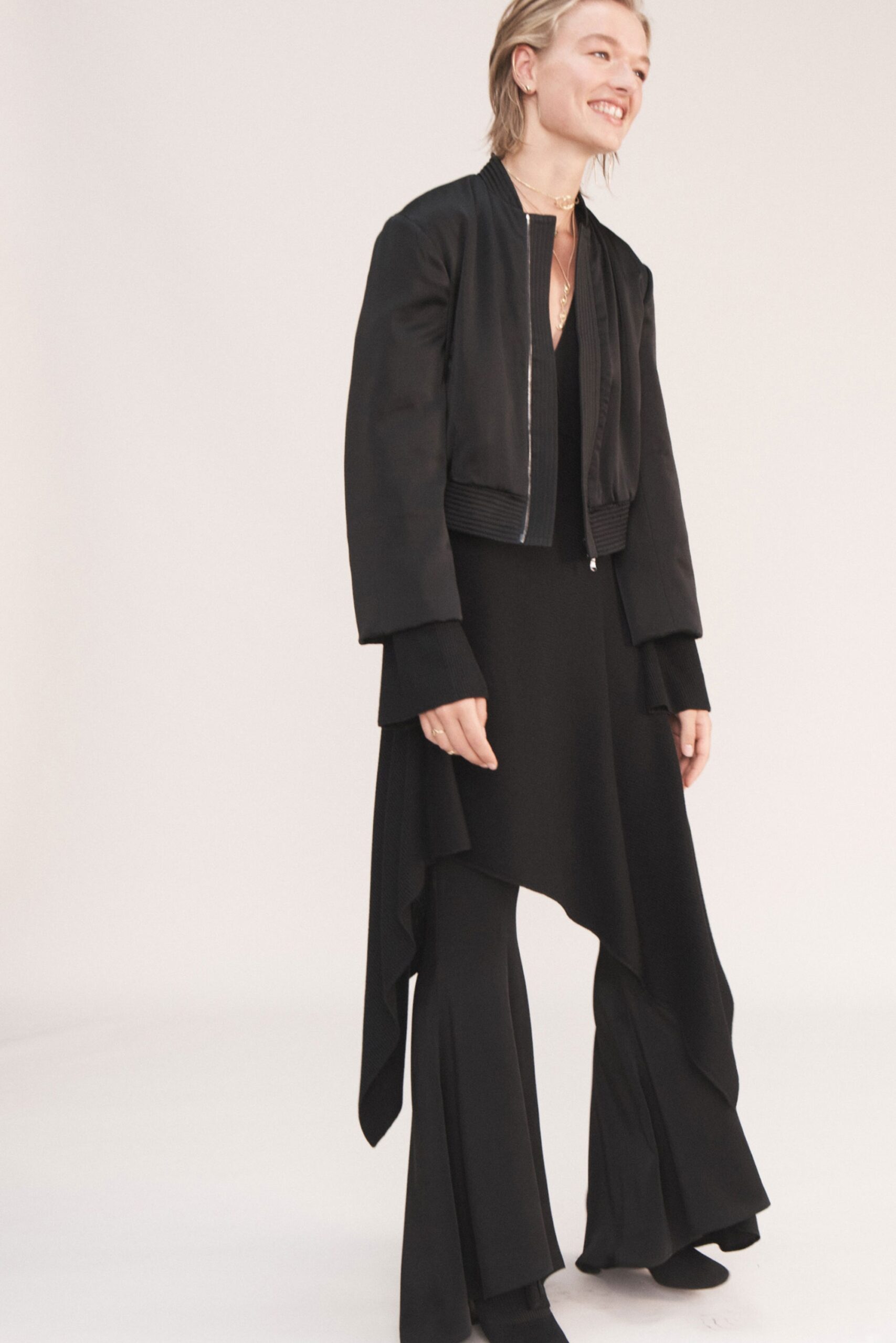 black fitted jacket and dress
