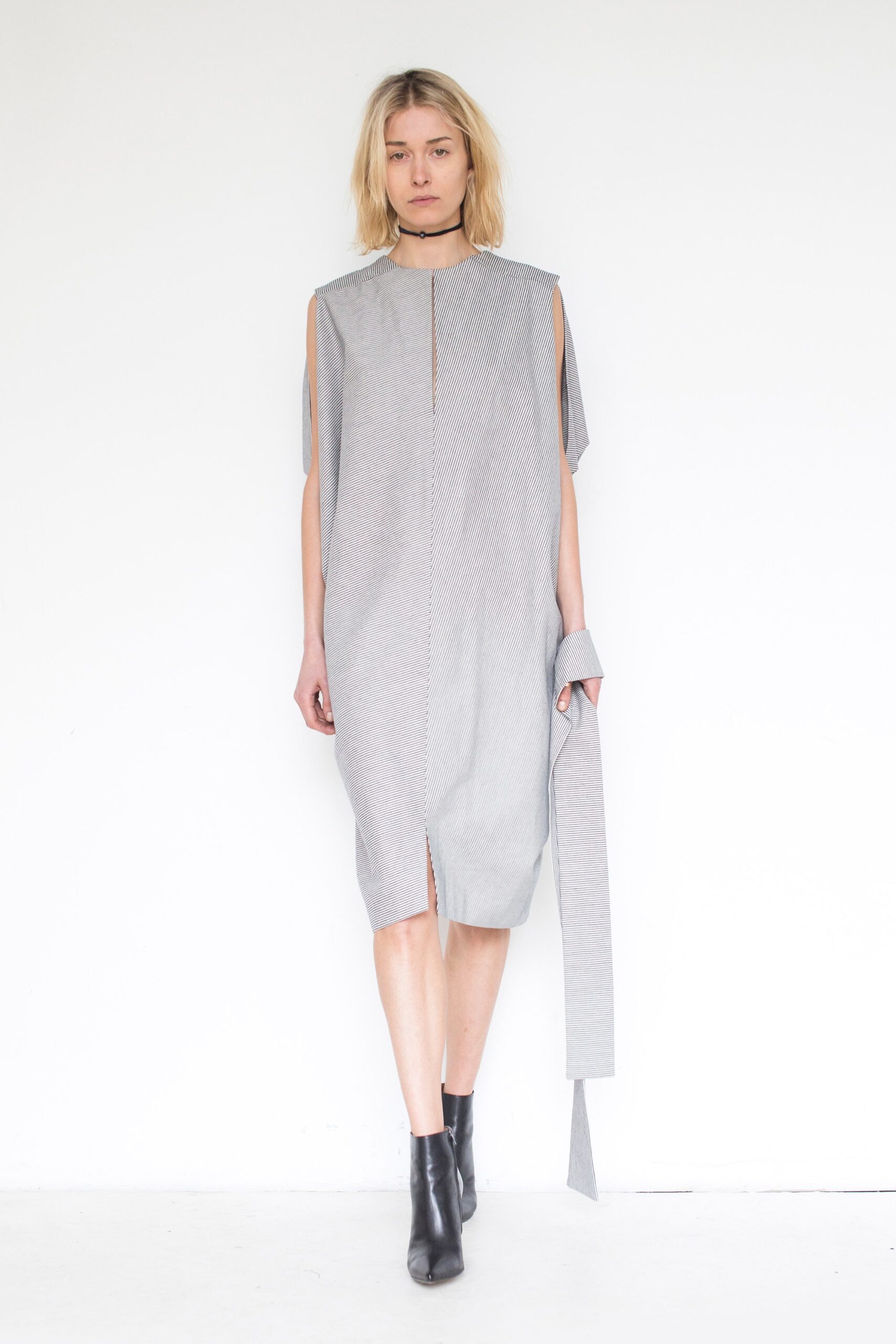 gray cotton sleeveless high-neck relaxed zippered midi dress