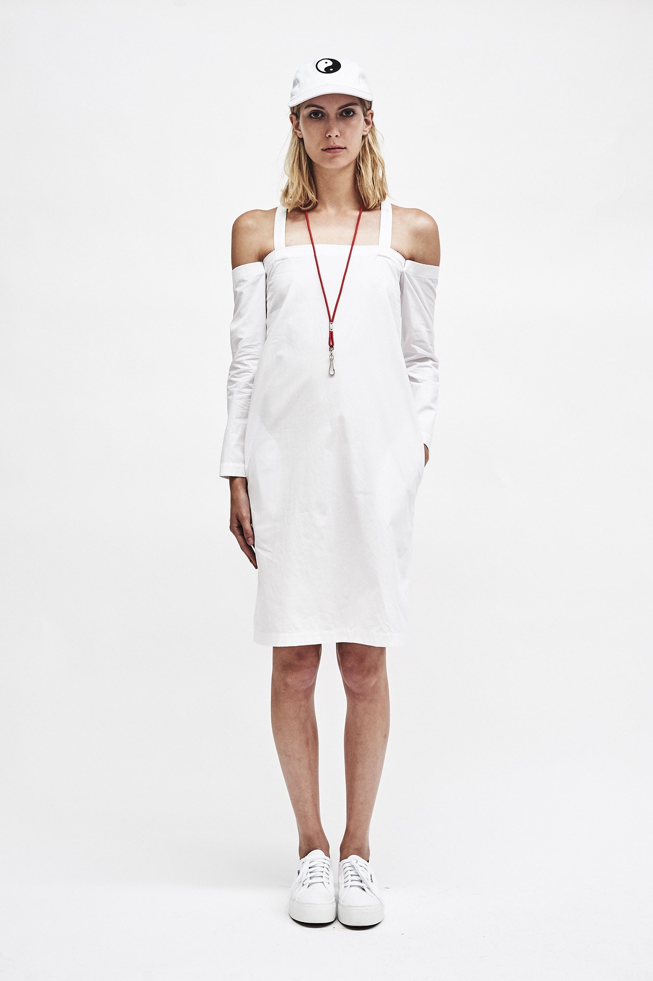 white off-shoulder midi dress