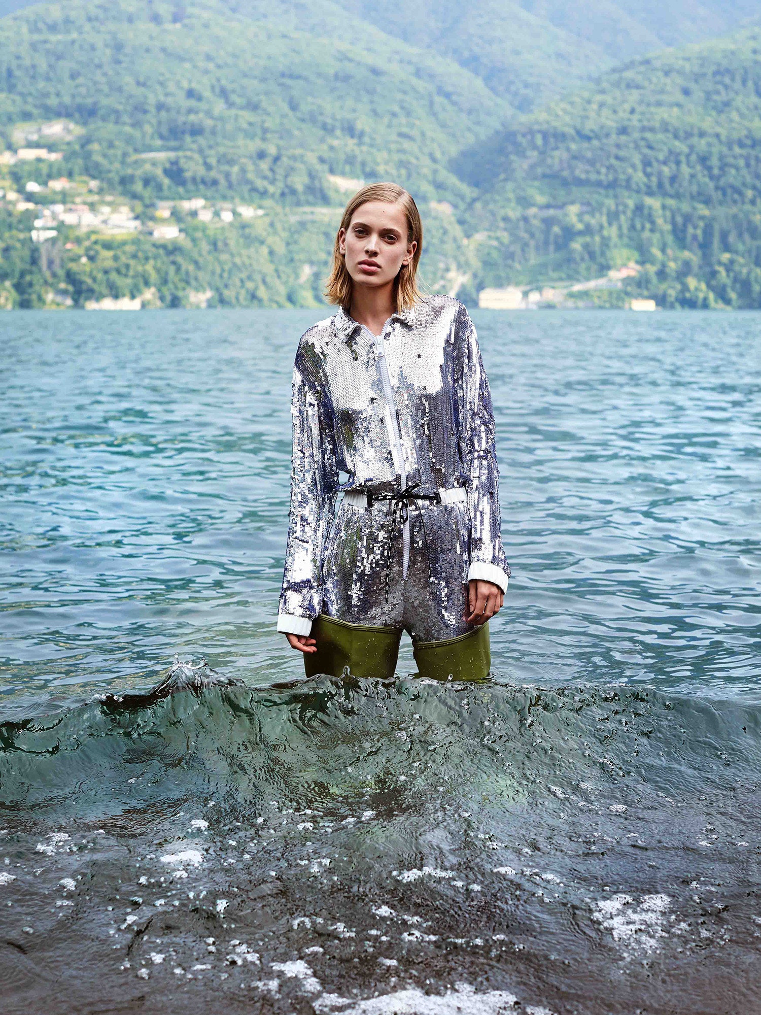 shiny silver sequined shirt with green pants