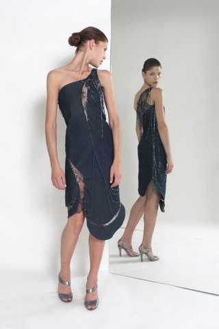 black silk sleeveless asymmetric fitted draped embellished dress
