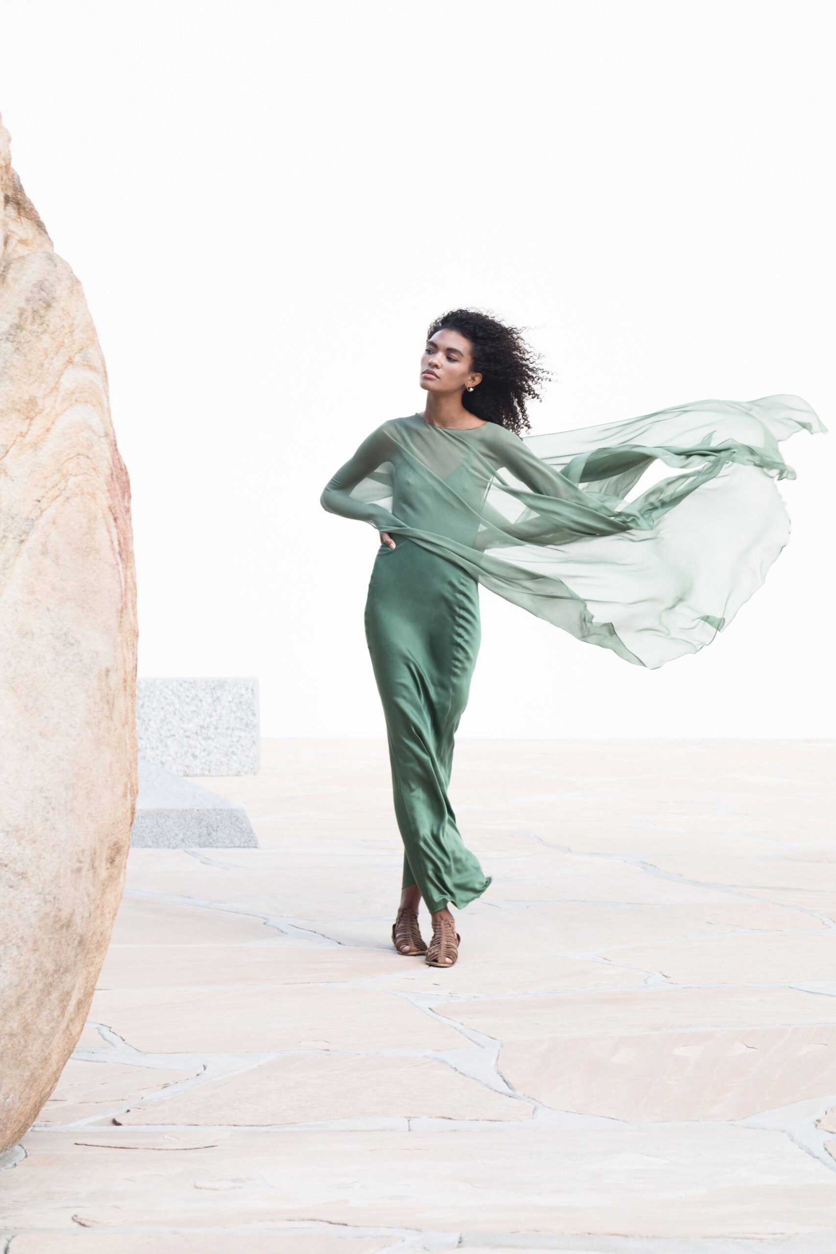 green silk long-sleeve dress