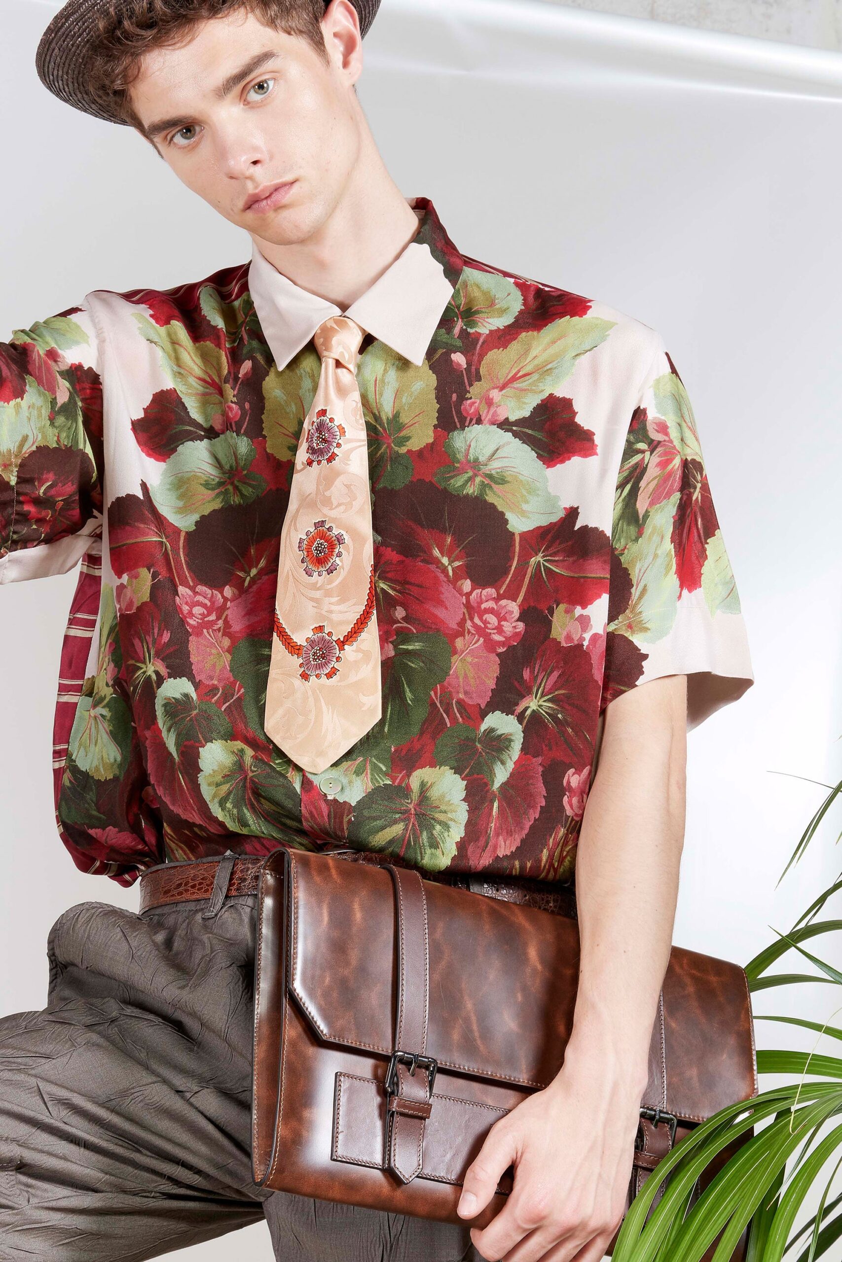 multi-colored floral shirt with tie