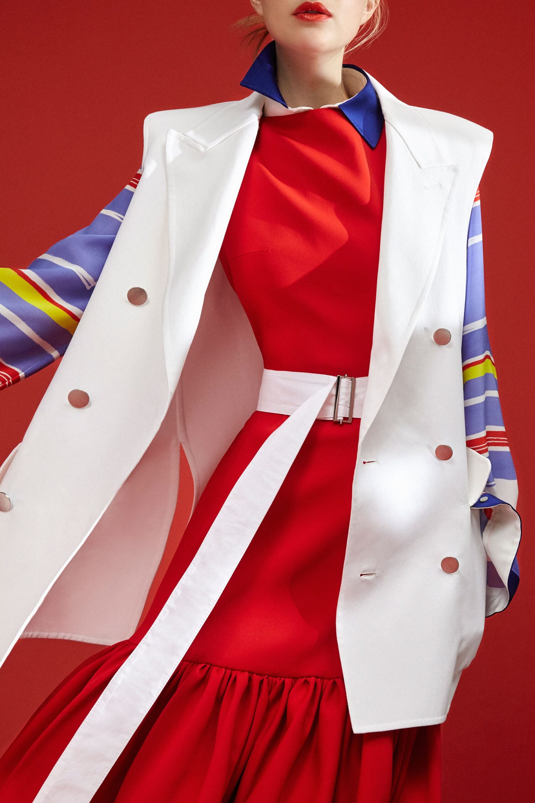 red midi dress with white coat