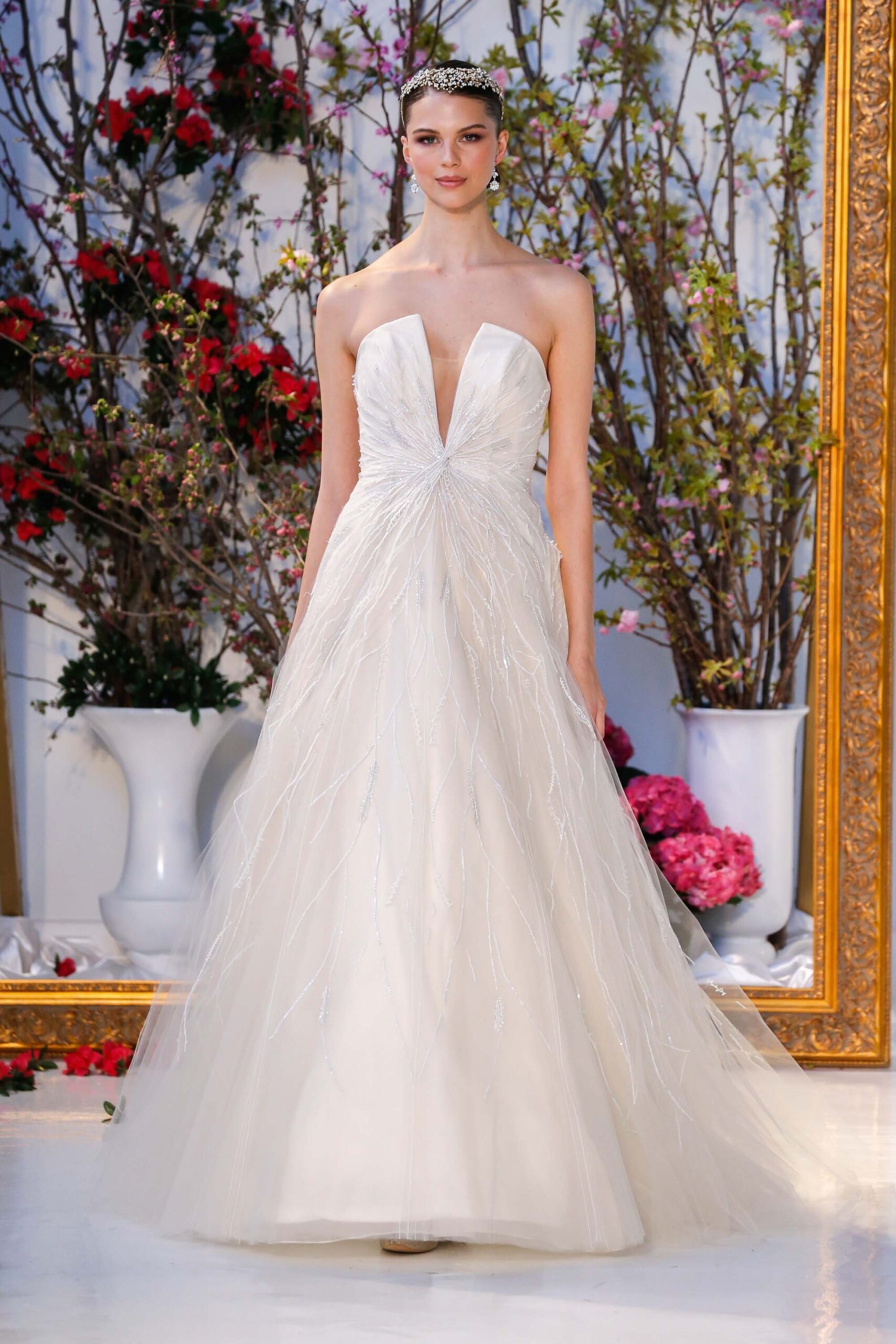 white strapless embellished gown