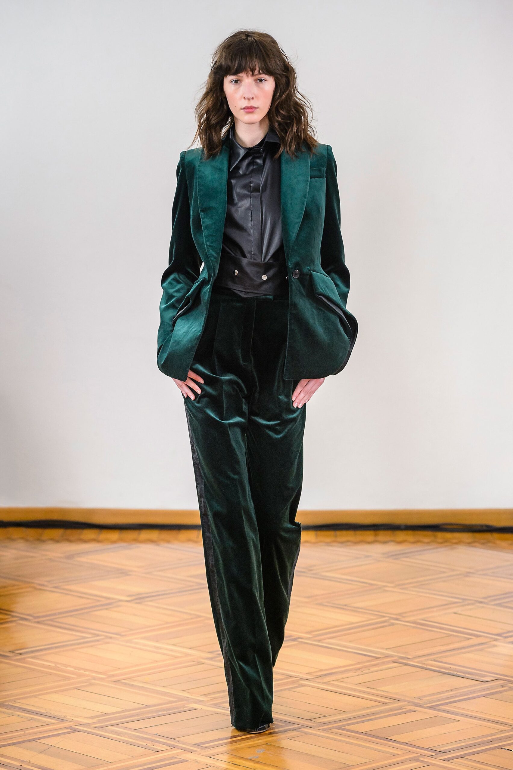 green velvet blazer with tailored pants