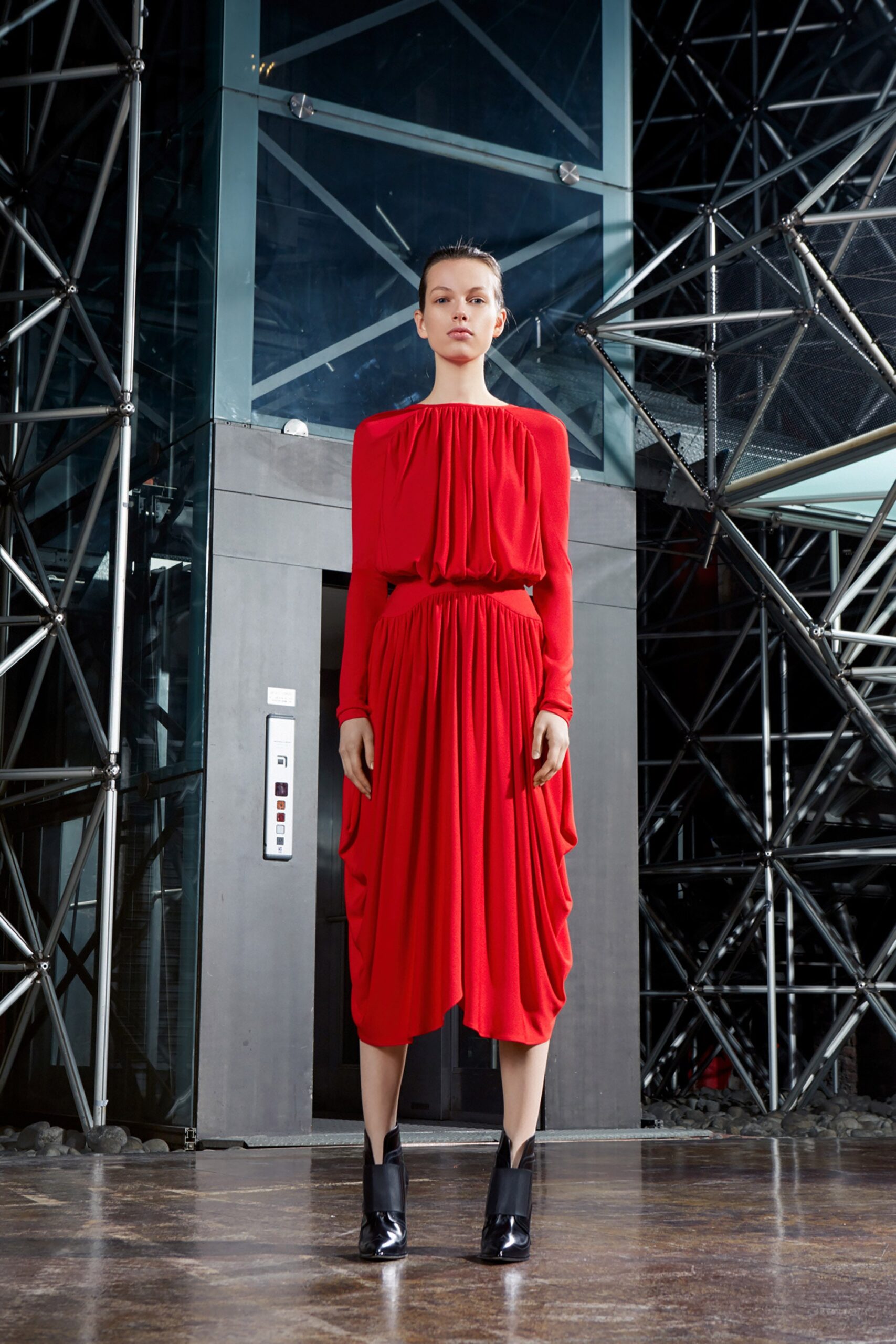 red silk long-sleeve dress