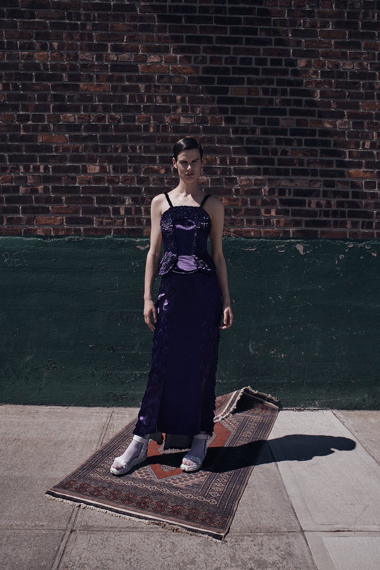 fitted purple silk midi dress