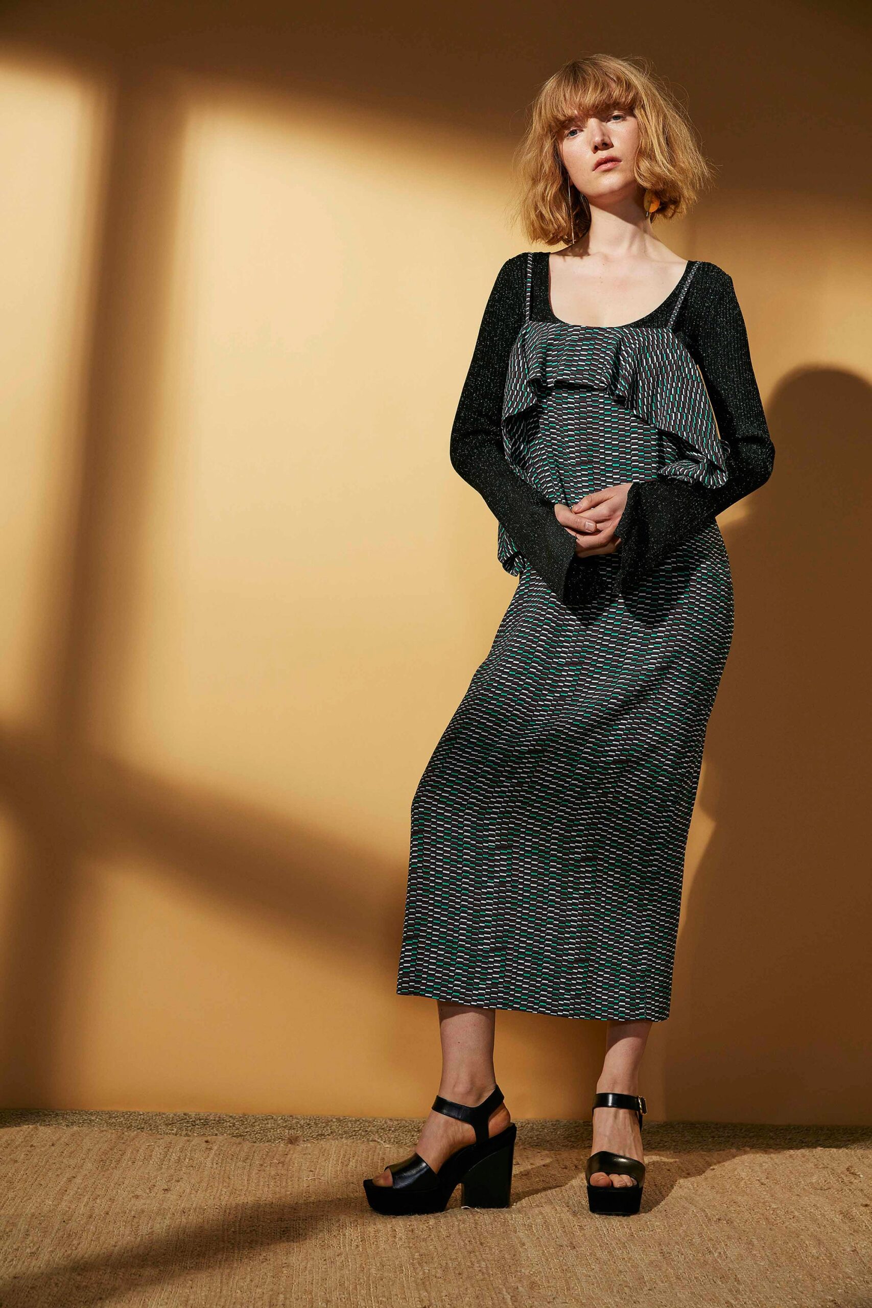 black multi pleated midi dress