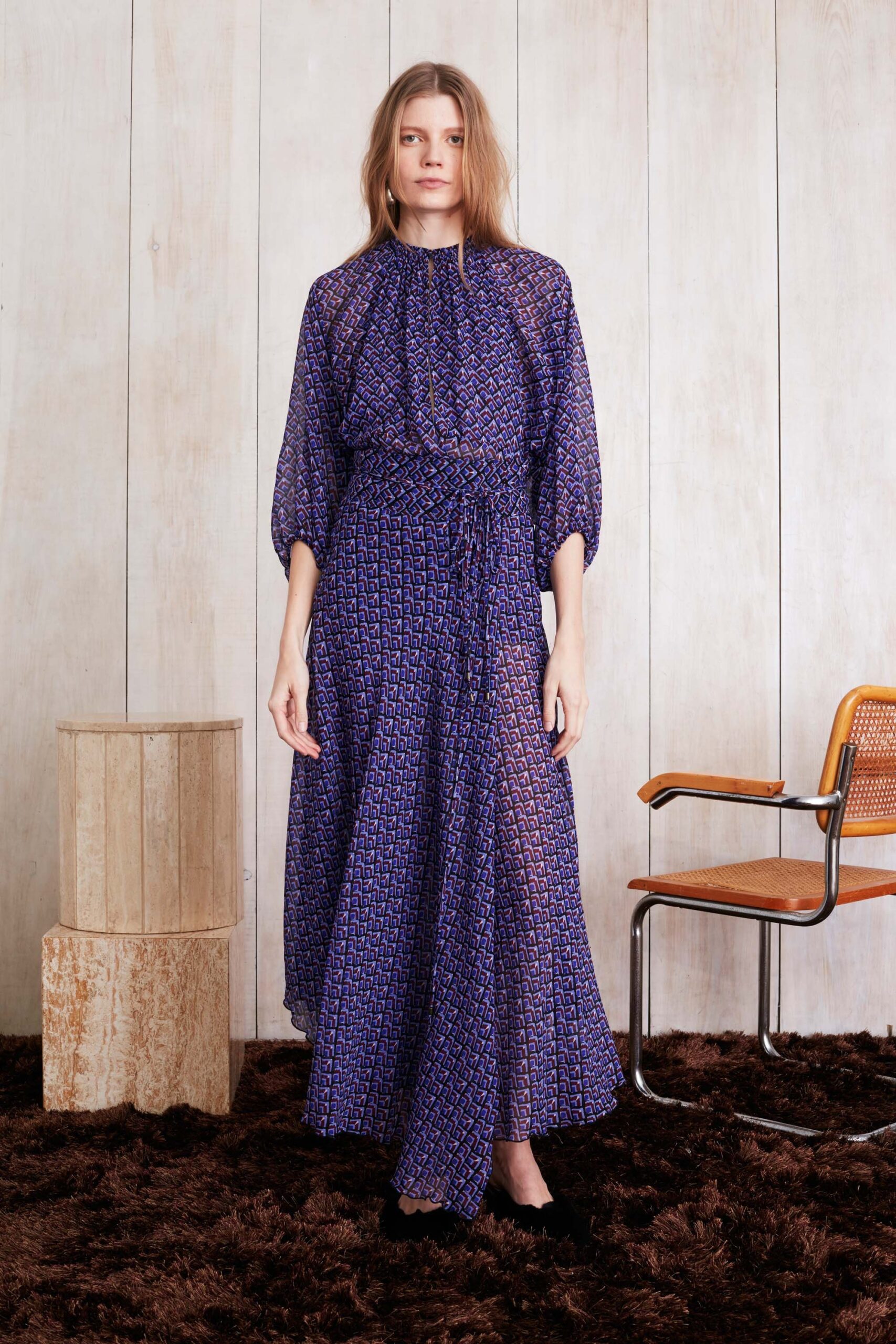 purple chiffon long-sleeve dress