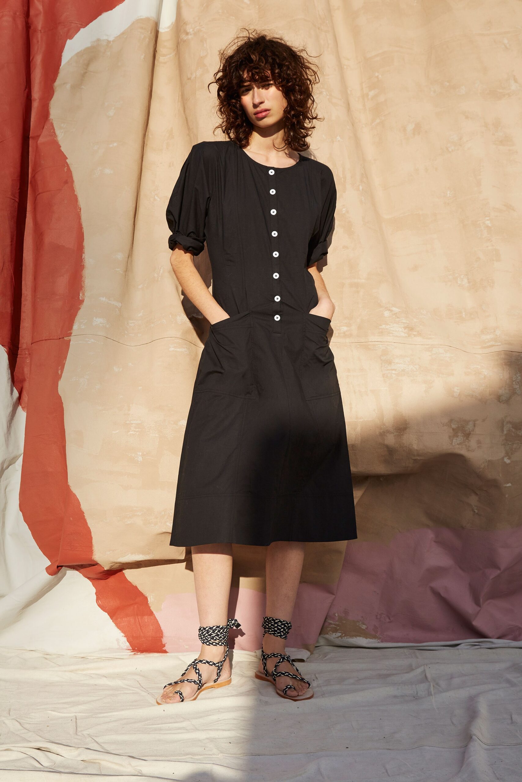 black cotton short-sleeve collared relaxed buttoned pockets dress