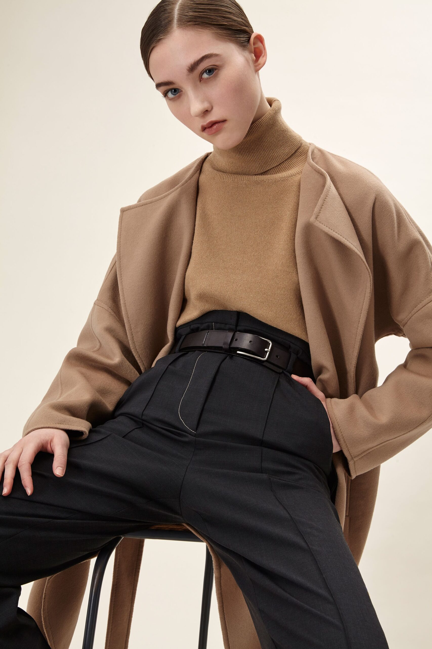 beige wool coat with brown top