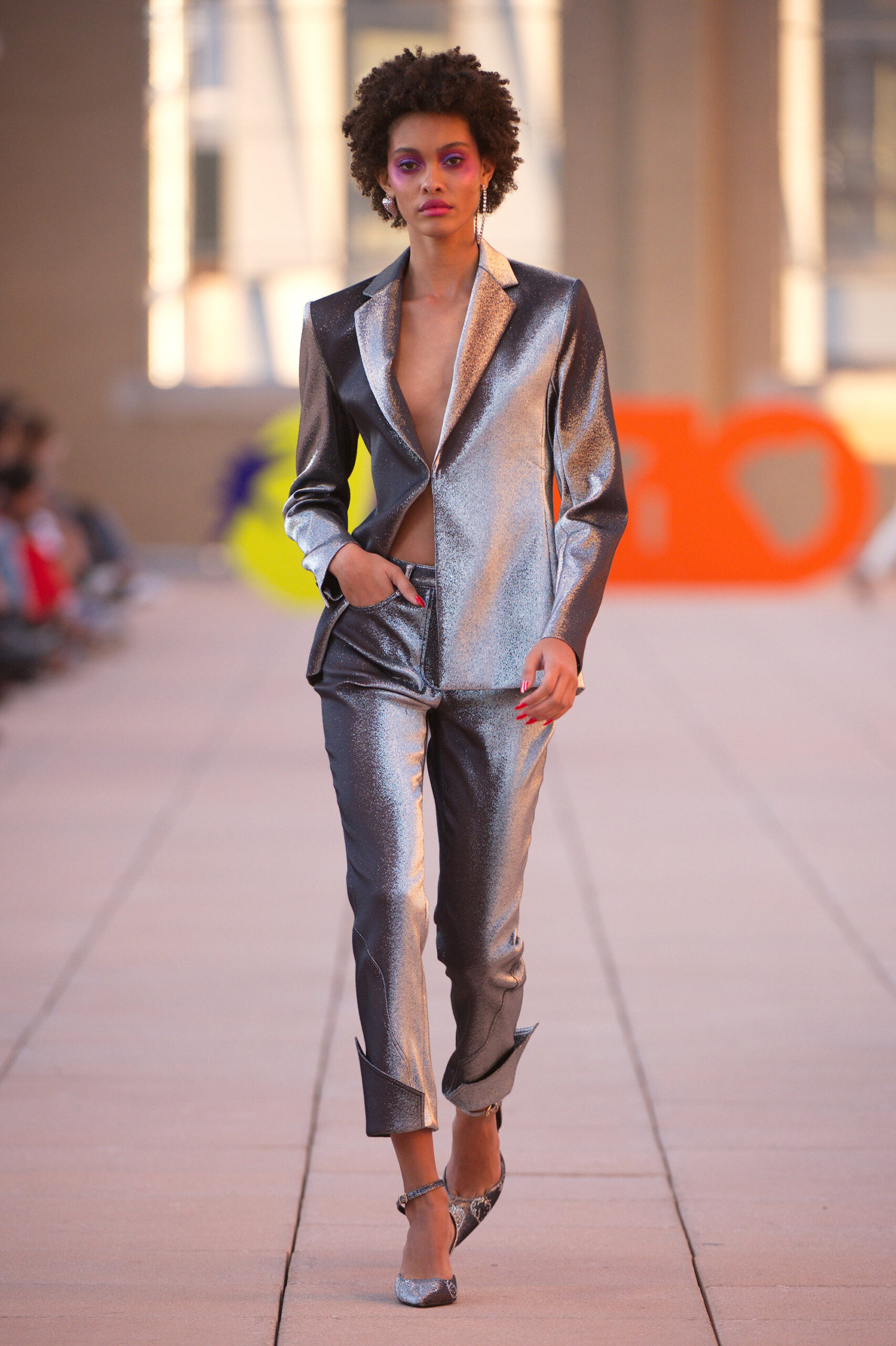 shiny silver fitted suit