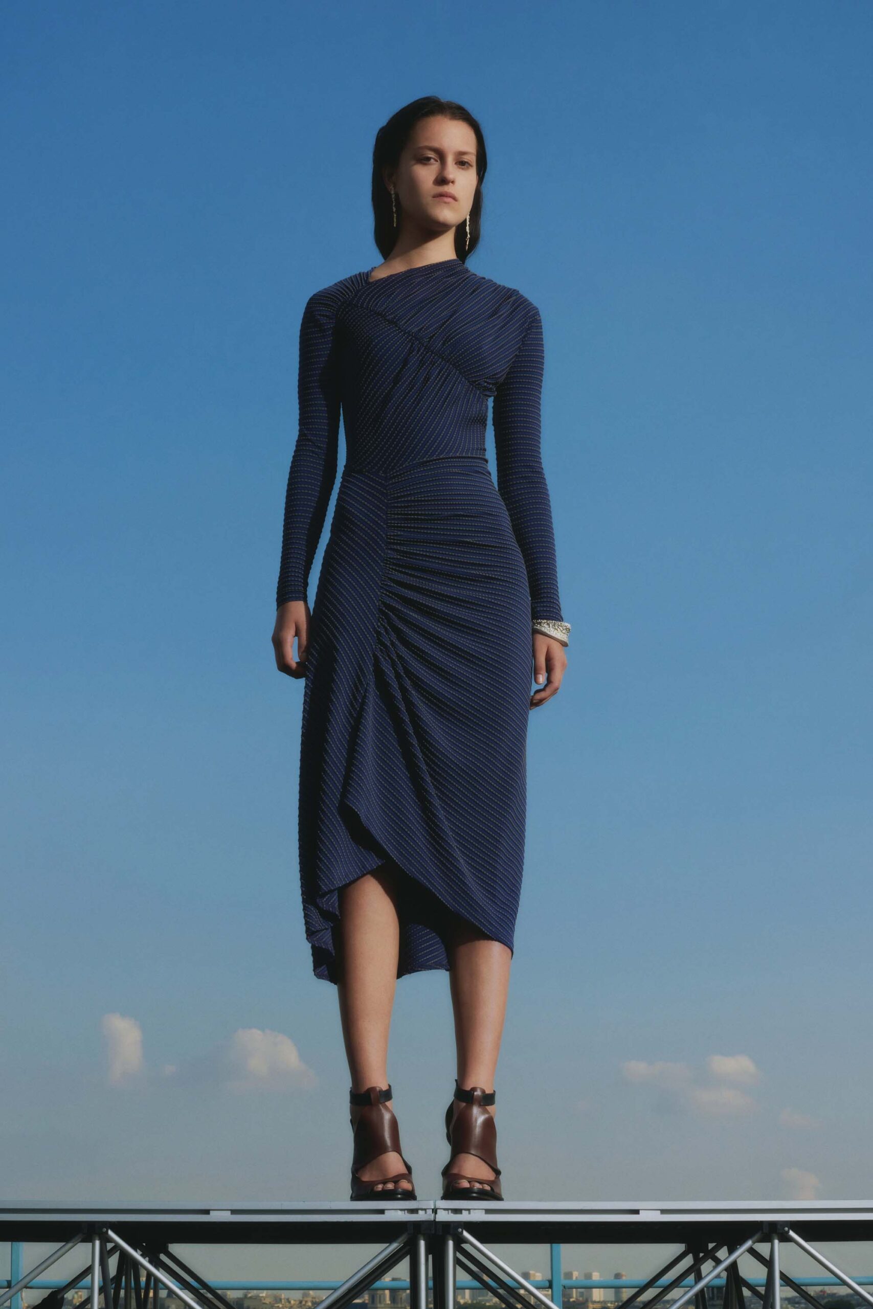 blue fitted midi dress with ruched detail