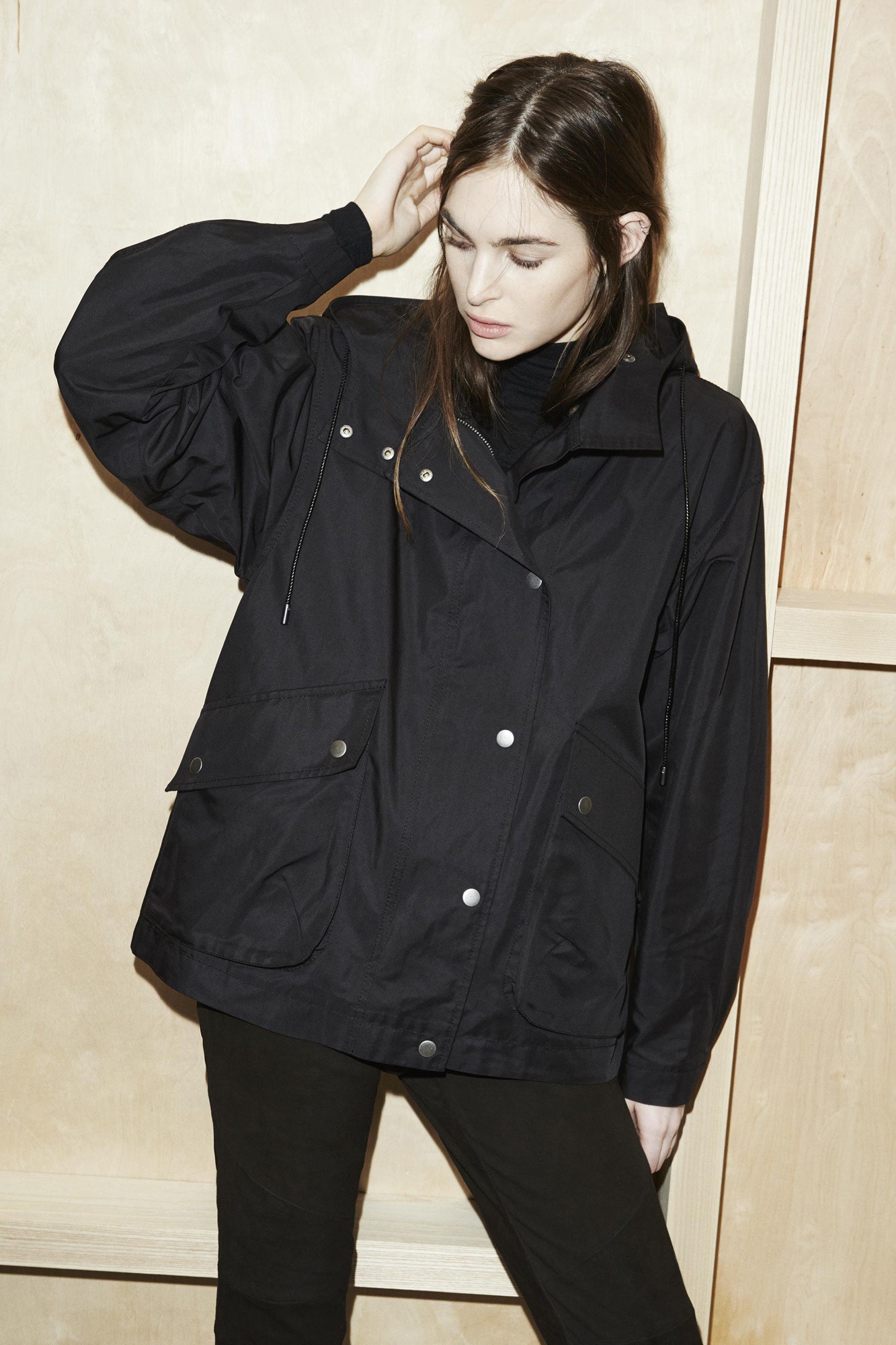 black oversized jacket and fitted top