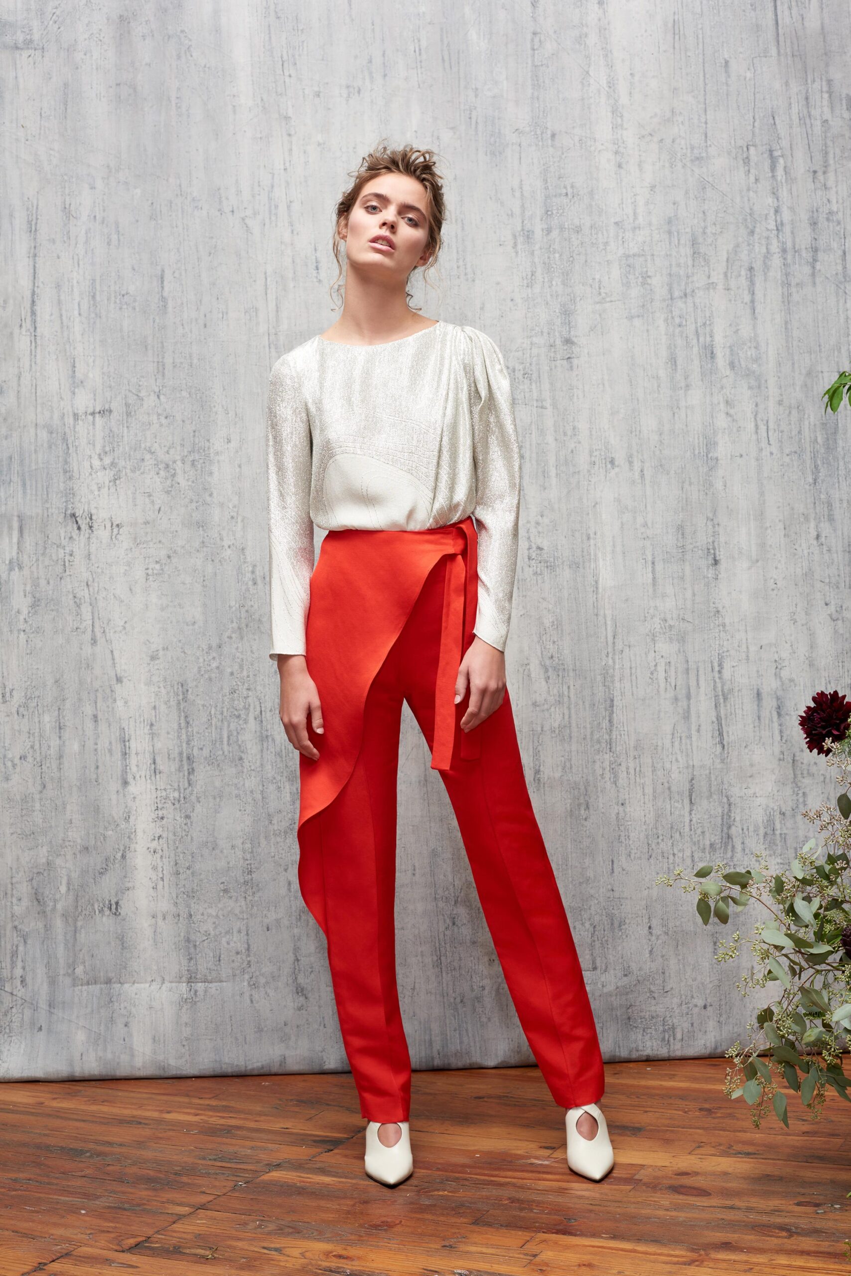 white silk long-sleeve high-neck fitted pleated shiny top