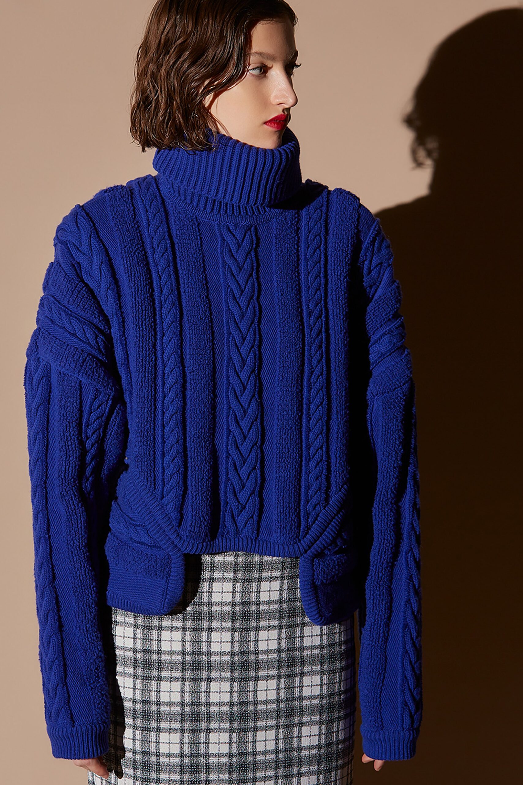 blue wool long-sleeve turtleneck oversized cropped sweater
