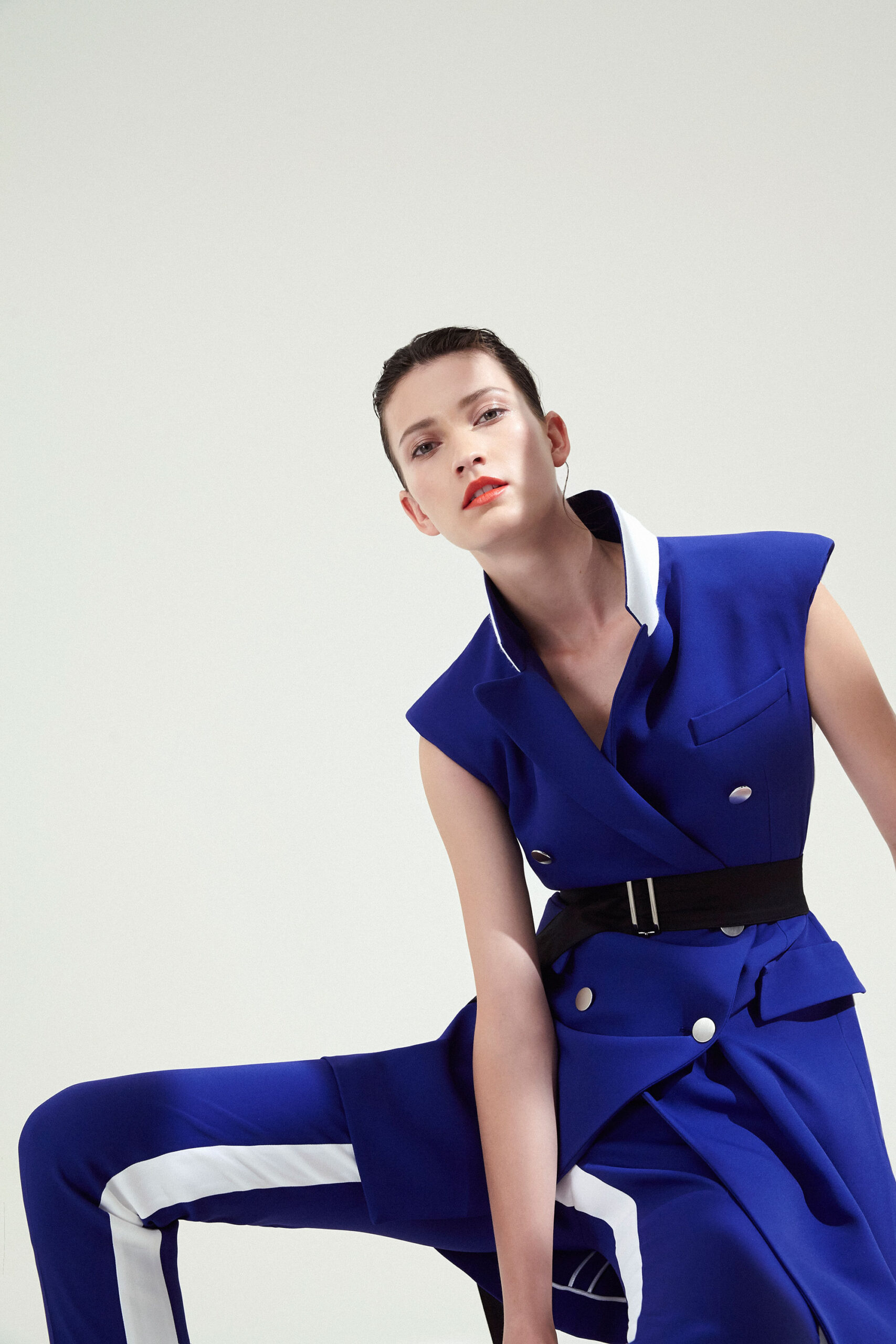 blue fitted blazer and pants