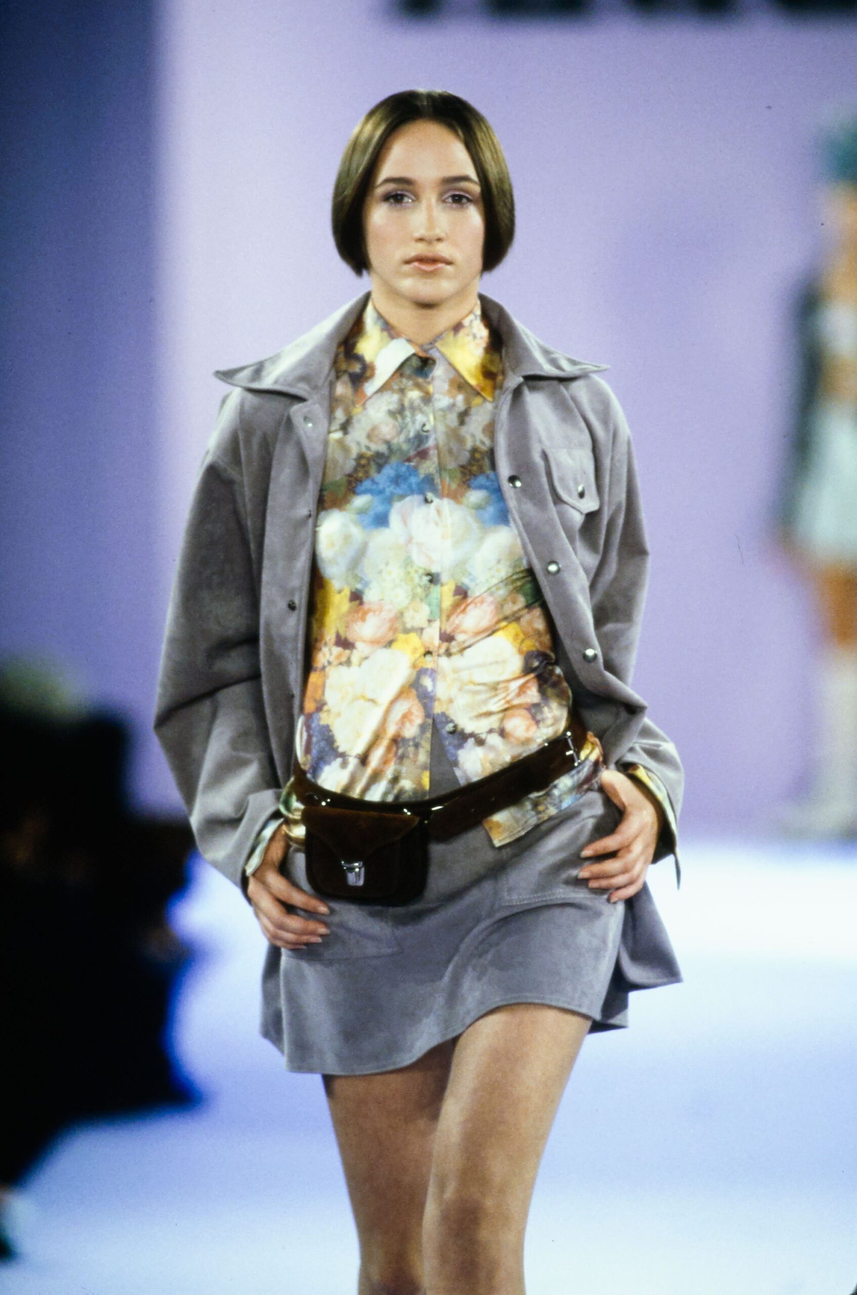gray suede jacket with floral shirt