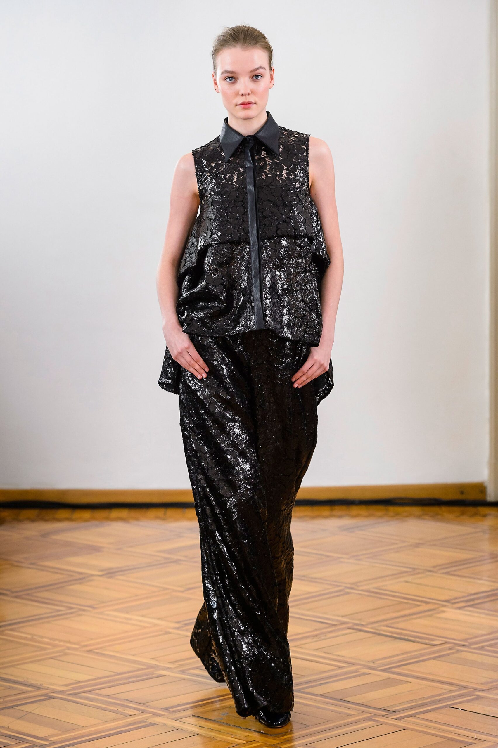 black lace top and sequined skirt
