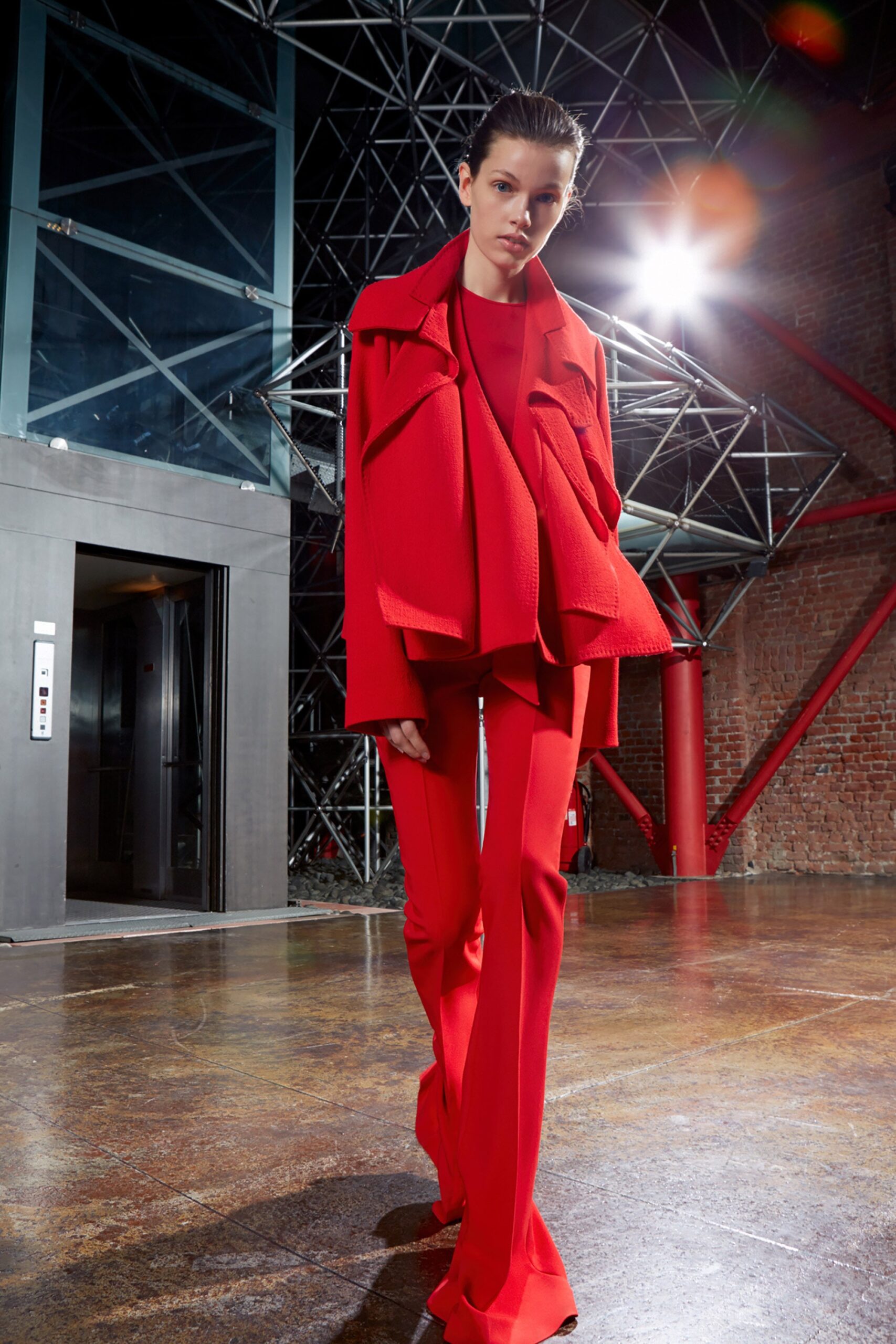 red cotton long-sleeve collared fitted layered blazer