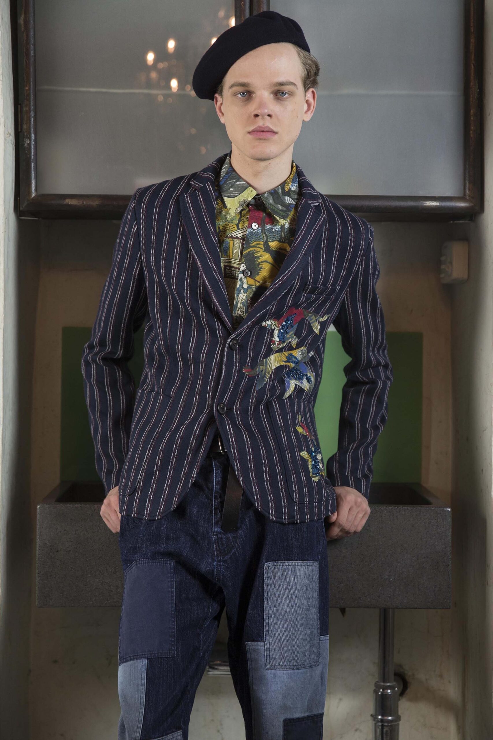 blue cotton long-sleeve collared tailored striped embroidered blazer
