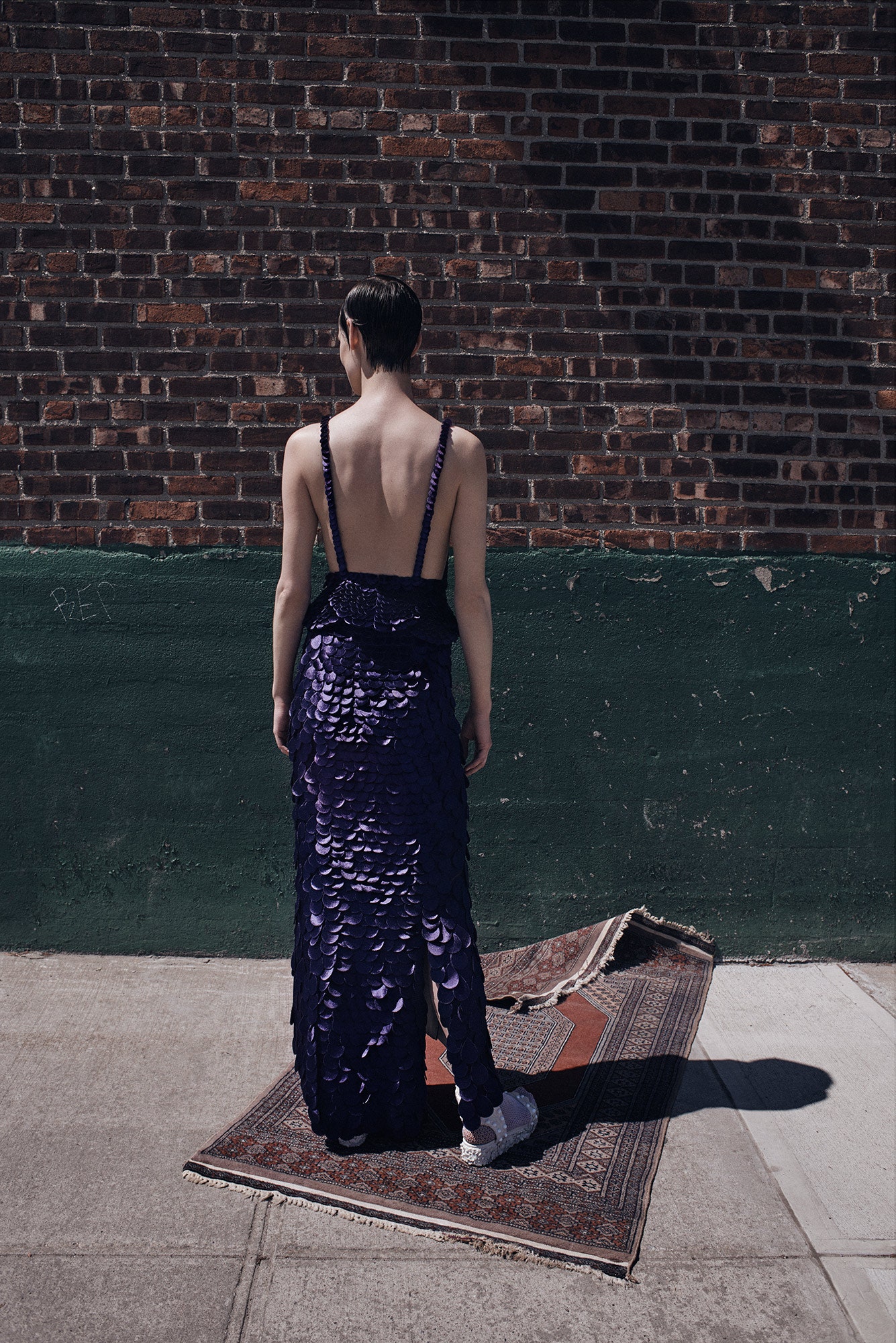 purple silk backless gown