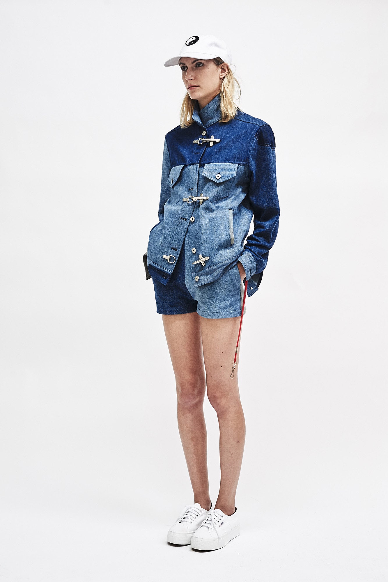 blue denim long-sleeve collared fitted buttoned jacket