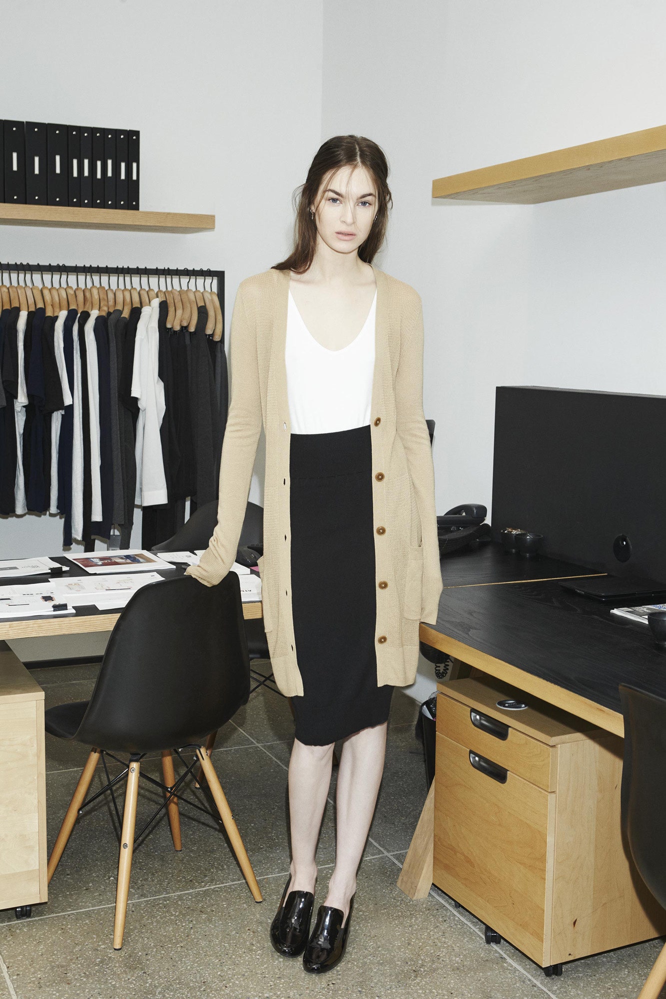 beige cardigan with black pencil skirt