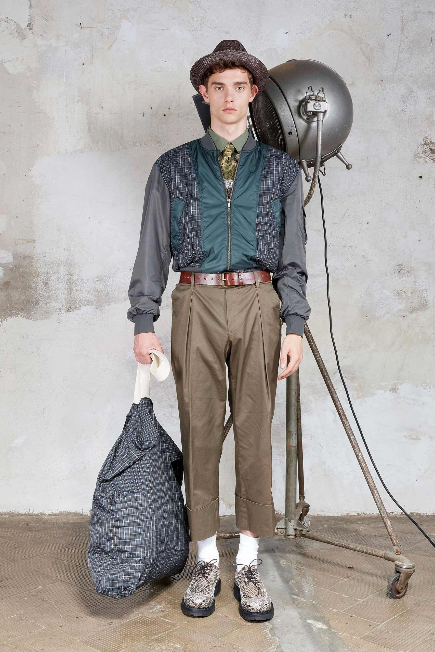 relaxed green jacket with tailored pants