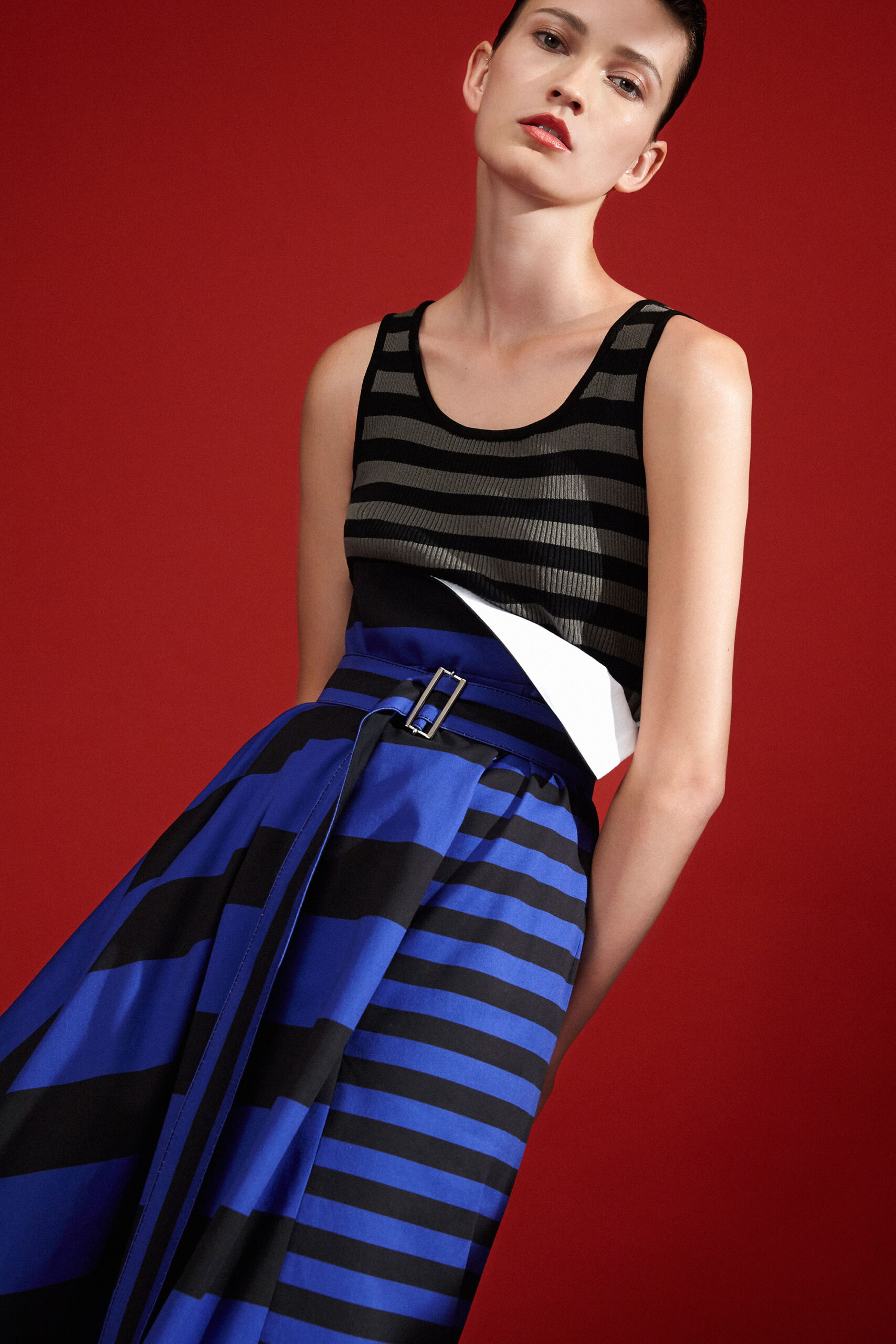 black and blue striped top and skirt