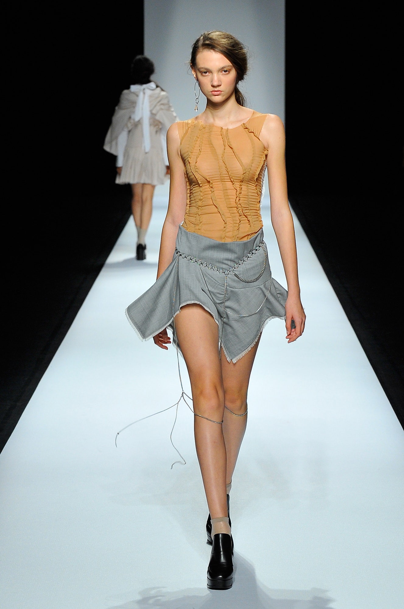 gray denim asymmetric fitted fringed mini skirt