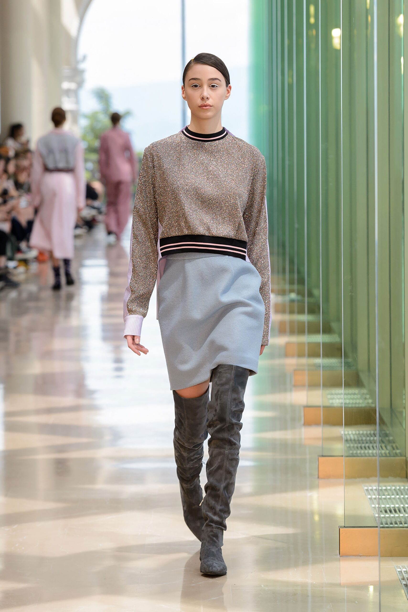 fitted gray top with blue skirt