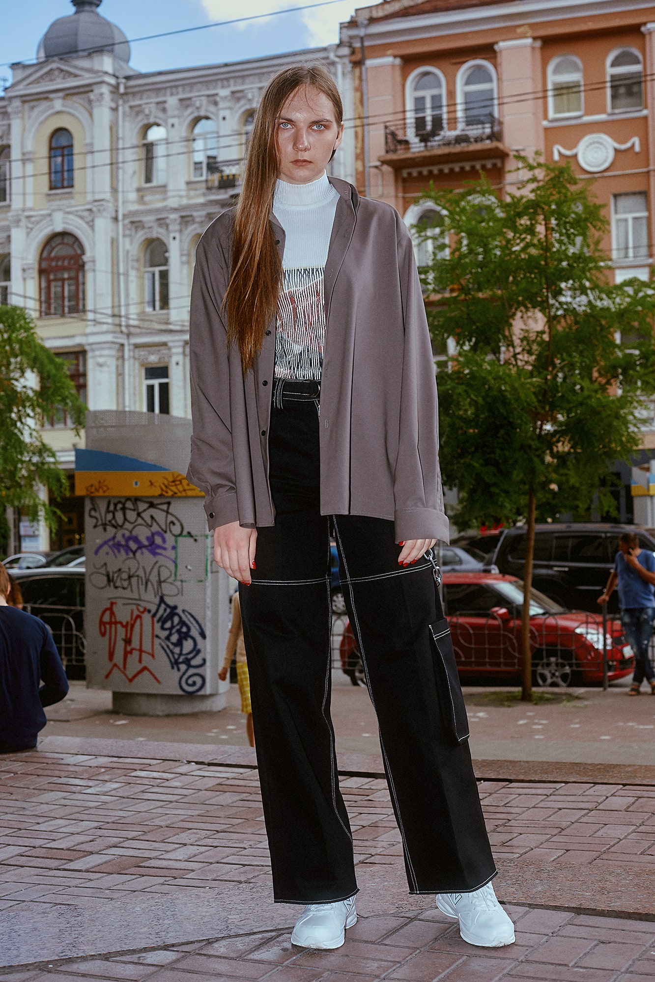 gray relaxed shirt with black cargo pants