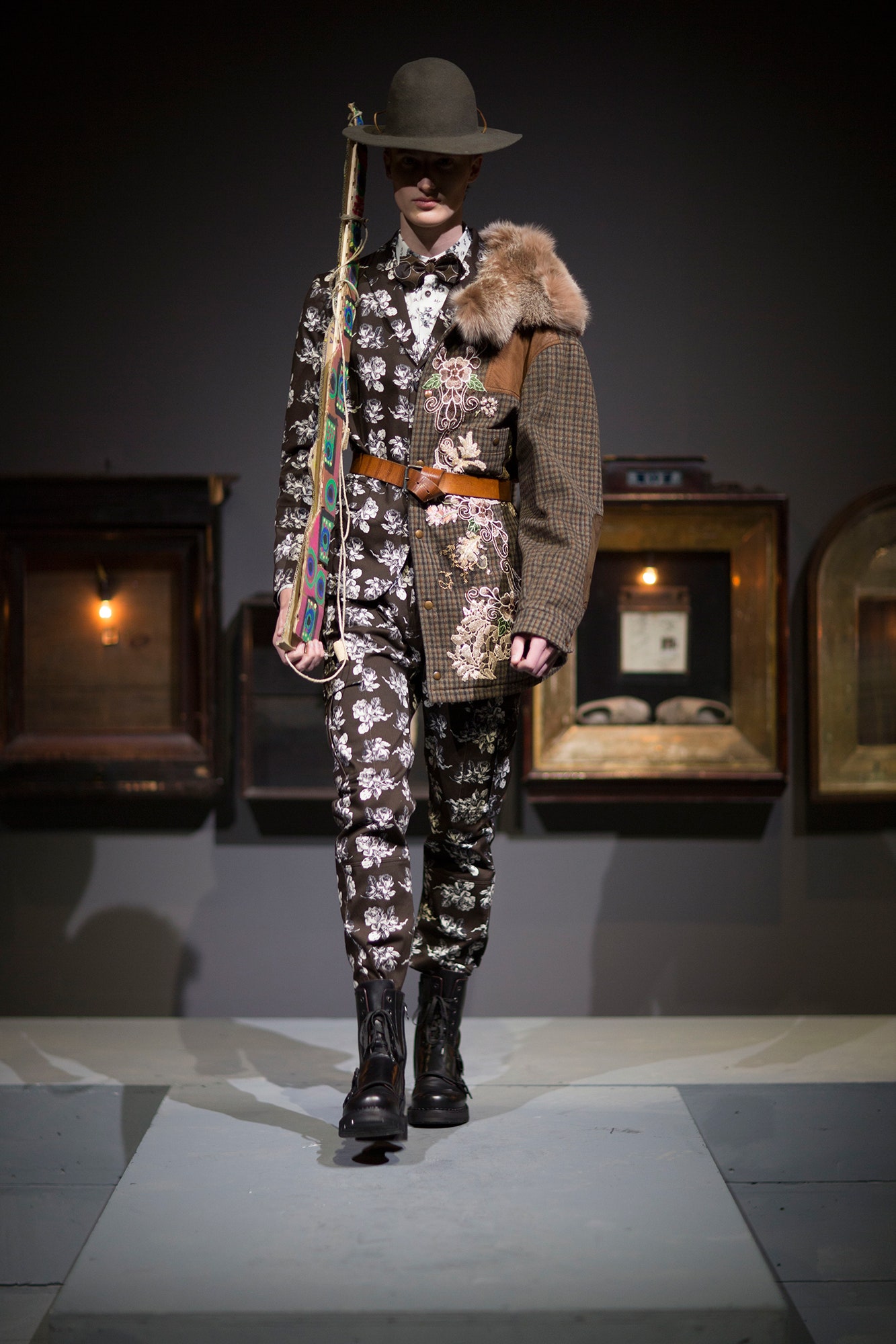 brown wool long-sleeve collared fitted embroidered layered jacket