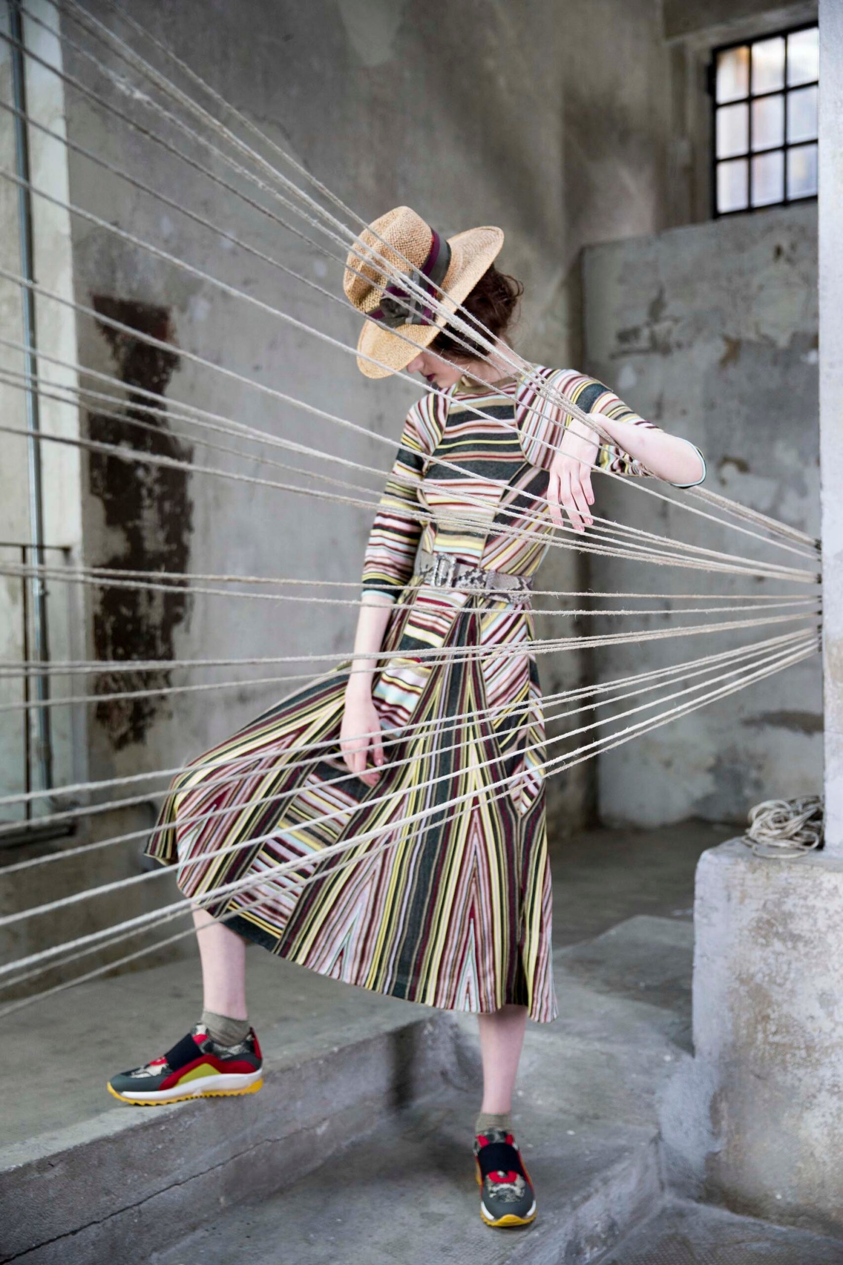 multi-striped midi dress with hat