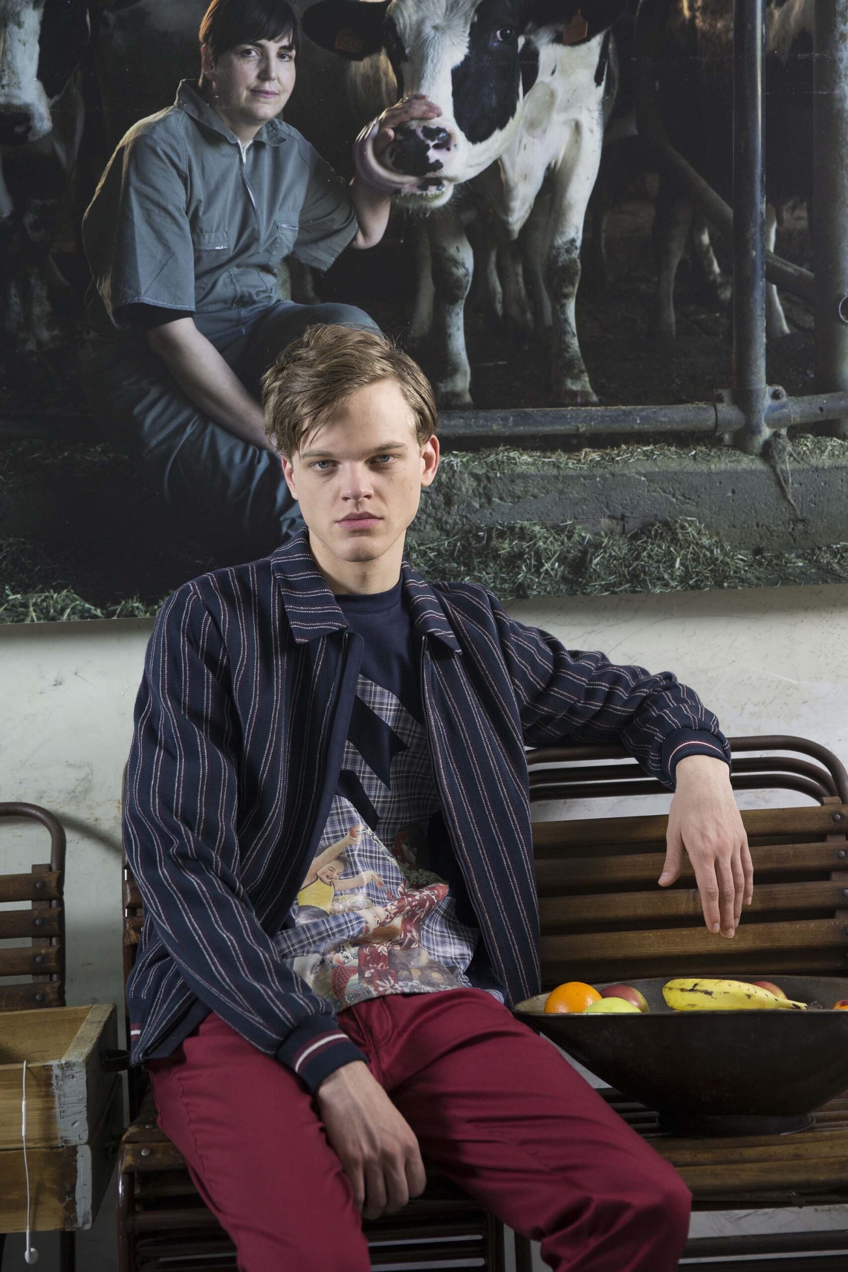 blue striped jacket with black t-shirt