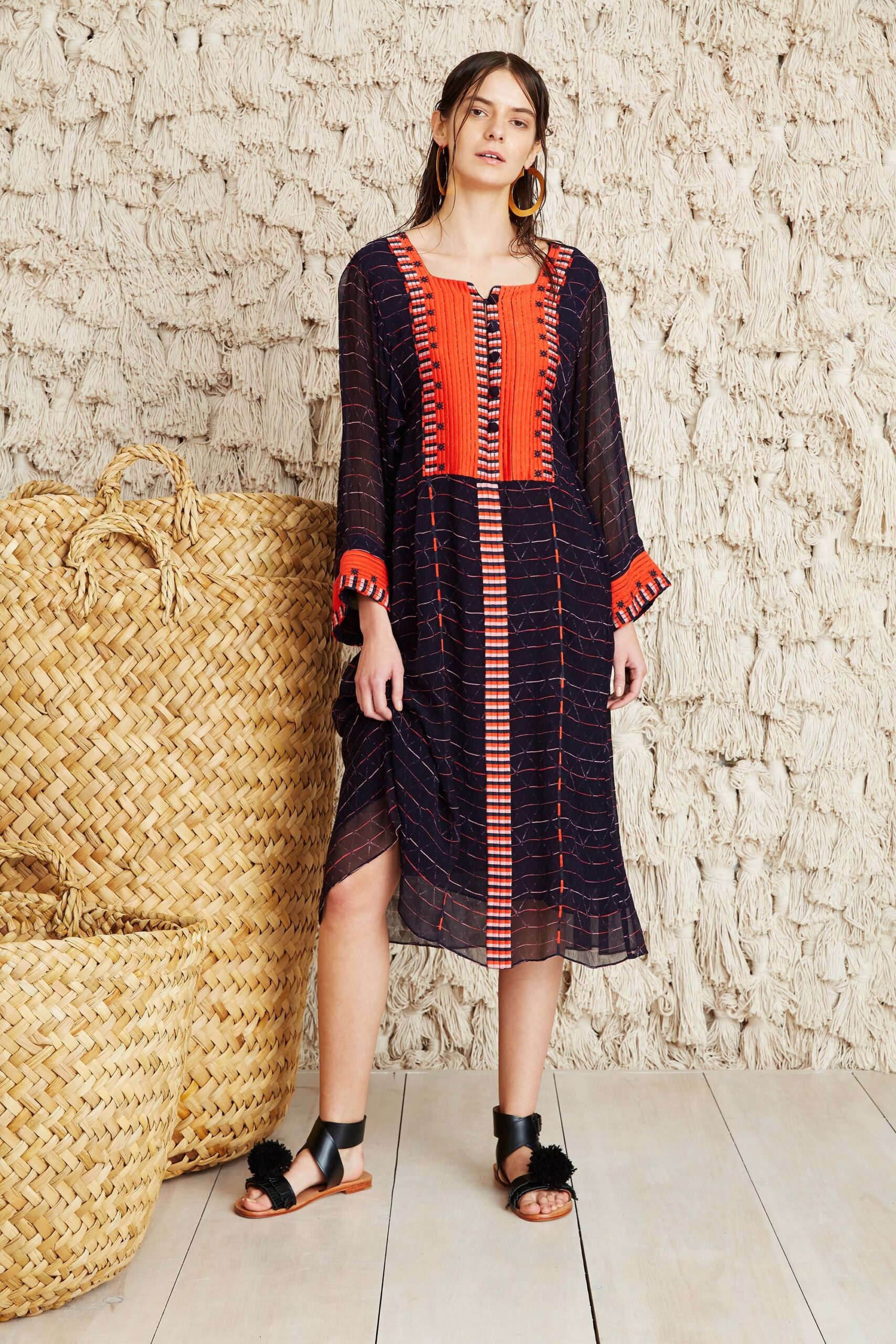 black and red embroidered midi dress