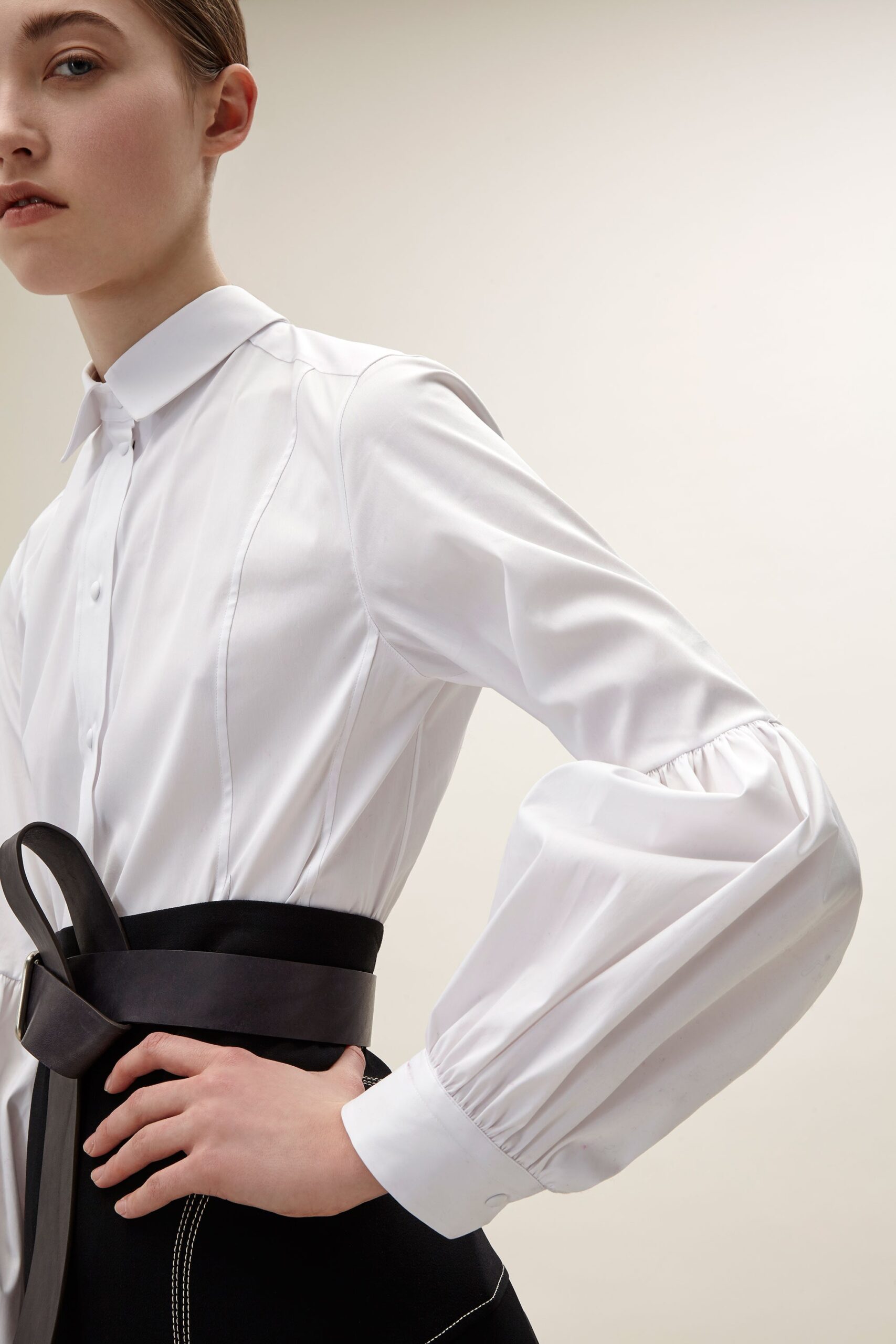 white fitted shirt with black pencil skirt