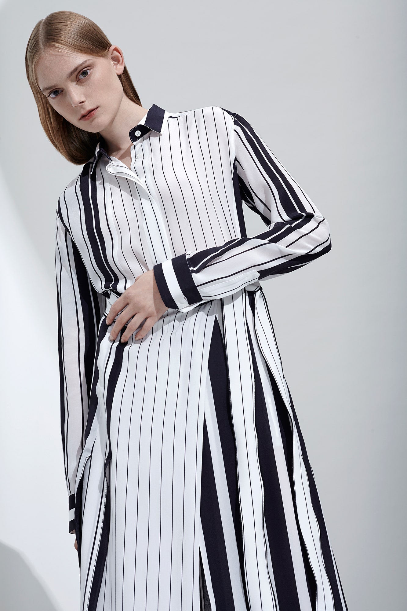 striped white and black shirt-dress