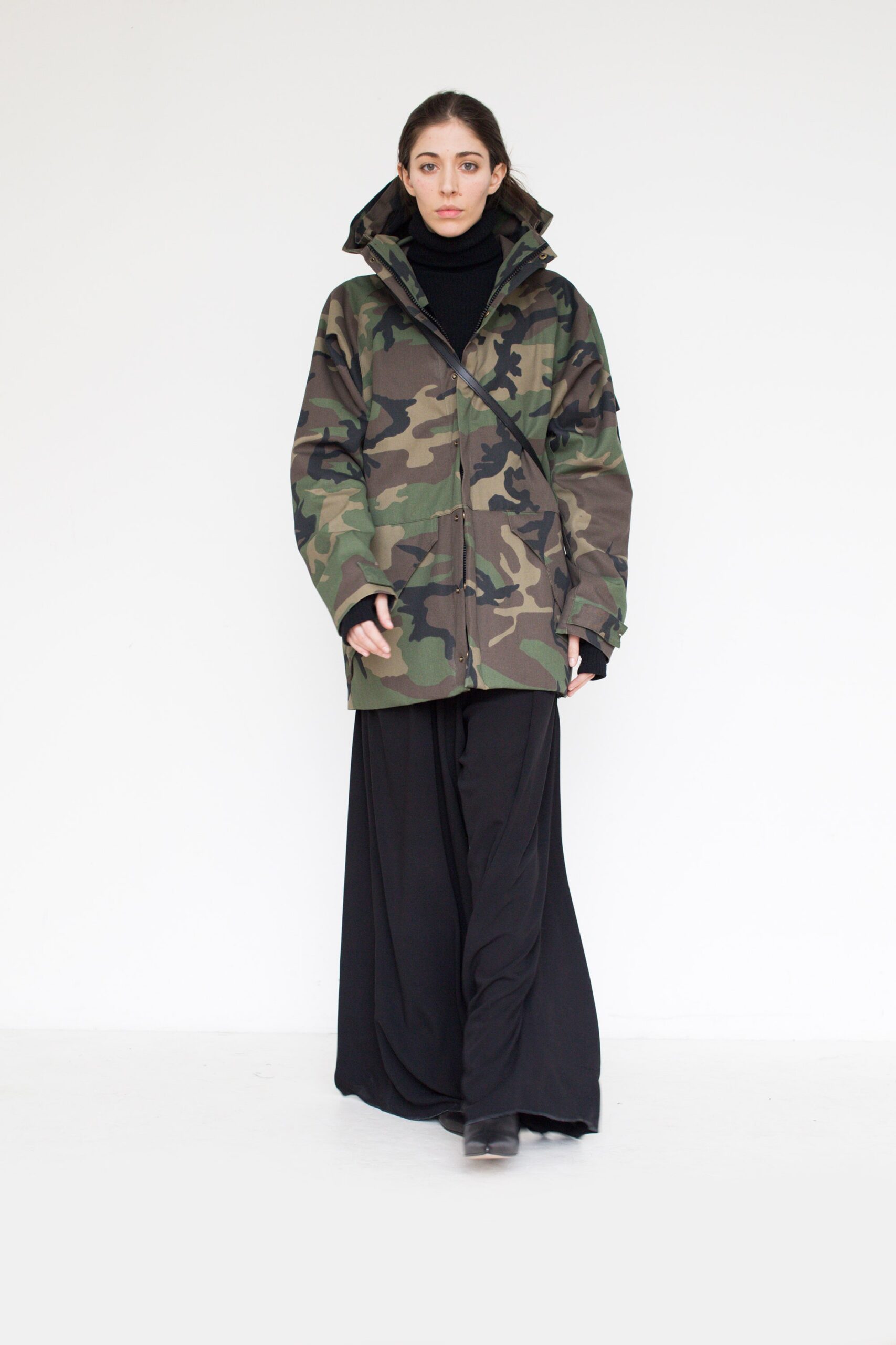 camouflage jacket with black maxi skirt